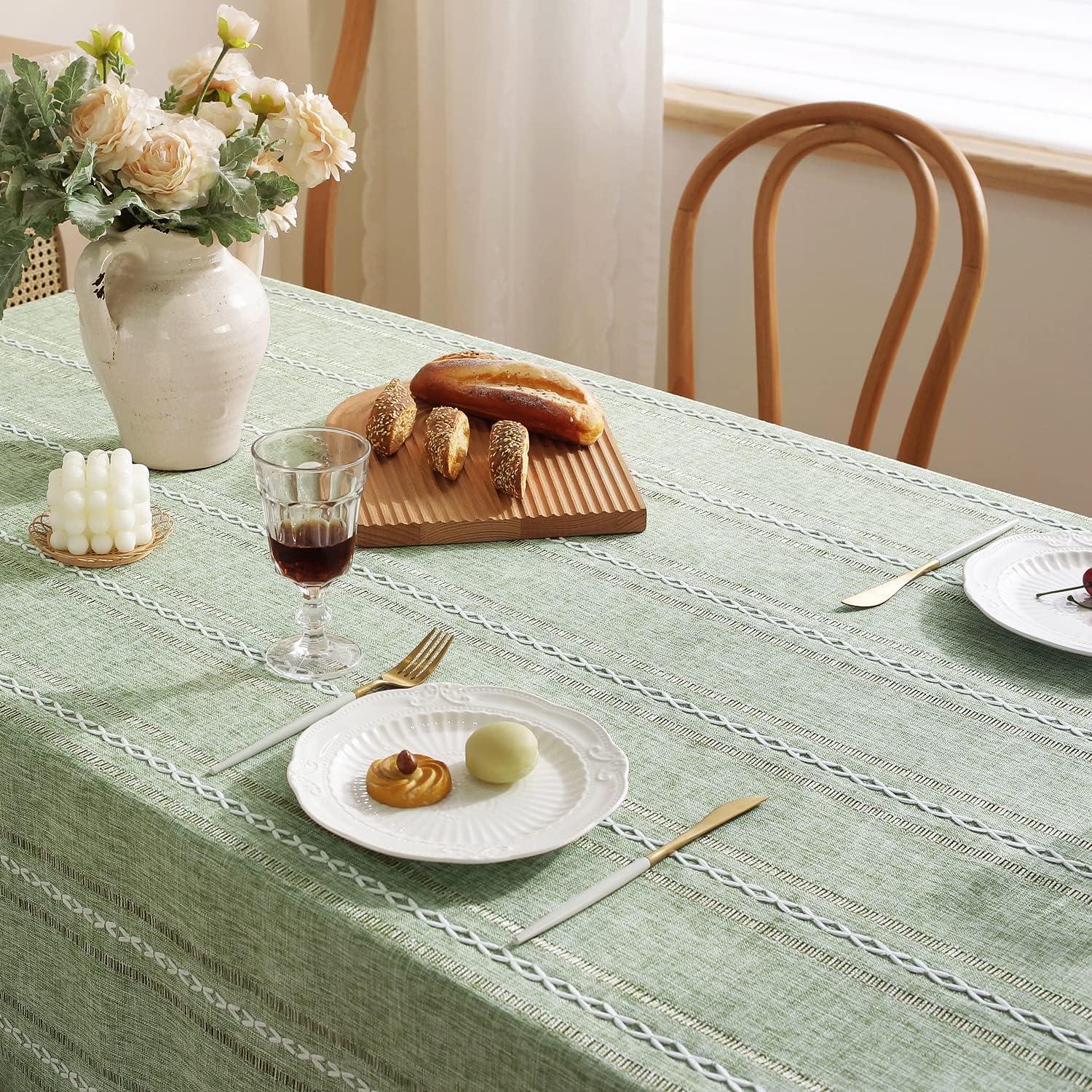 Sage Green Embroidered Cotton Linen Rectangular Tablecloth