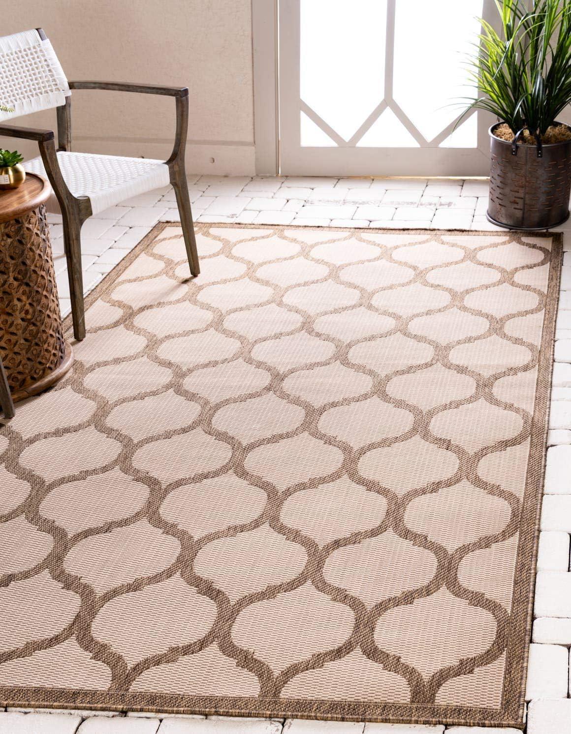 Brown and Beige Rectangular Outdoor Synthetic Rug