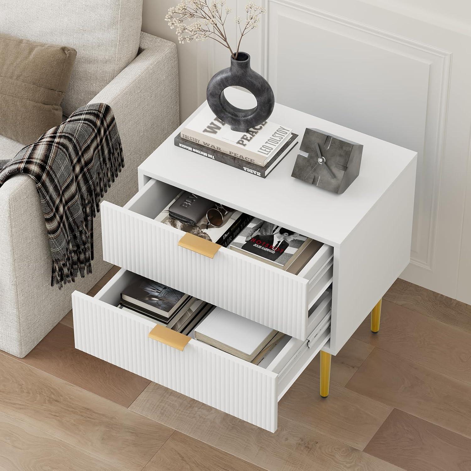 White Wave Pattern Nightstand with Gold Accents and 2 Drawers