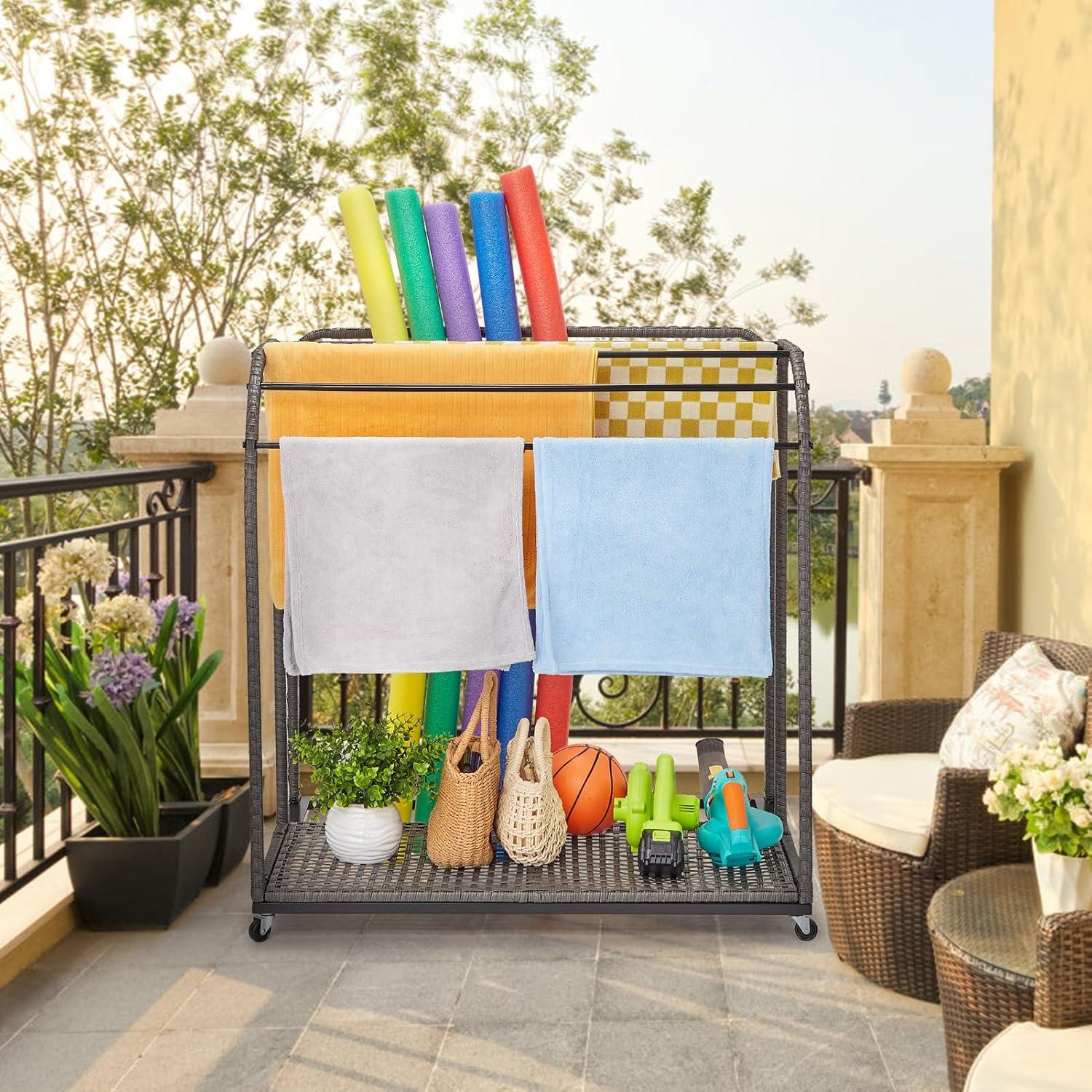 Outdoor Rattan 5-Bar Poolside Towel Rack with Storage