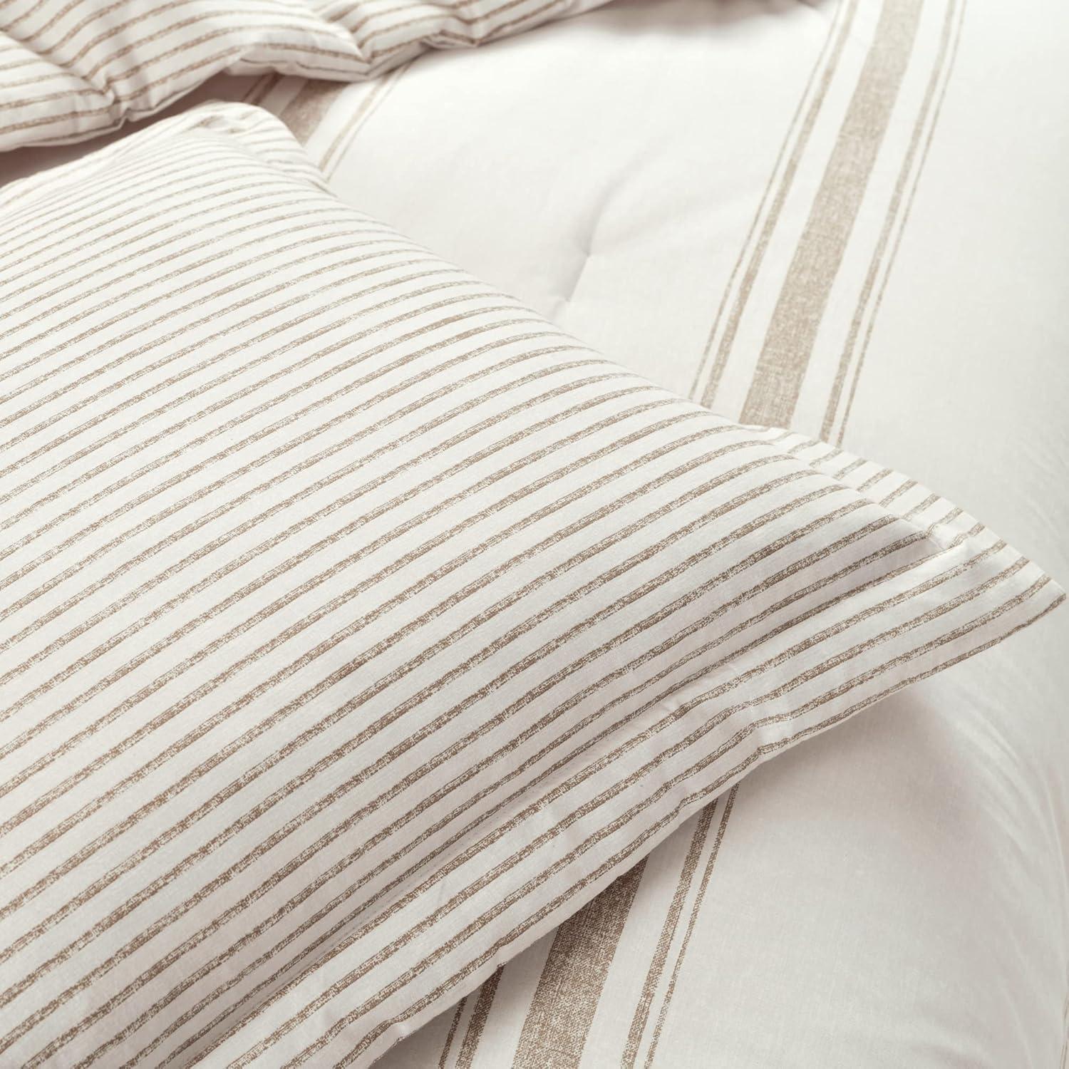 2pc Twin/Twin Extra Long Farmhouse Stripe Reversible Comforter & Sham Set Neutral - Lush Décor: Year-Round Plain Weave