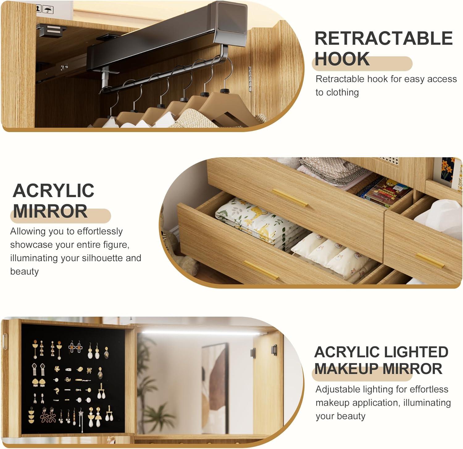 Everly Quinn Freestanding Armoire Wardrobe Closet with 2 Woven Doors