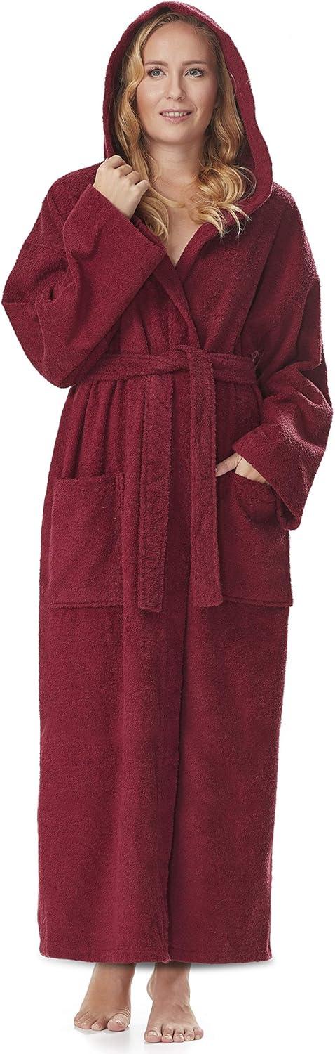 Women's Small Burgundy Cotton Hooded Full Length Bathrobe
