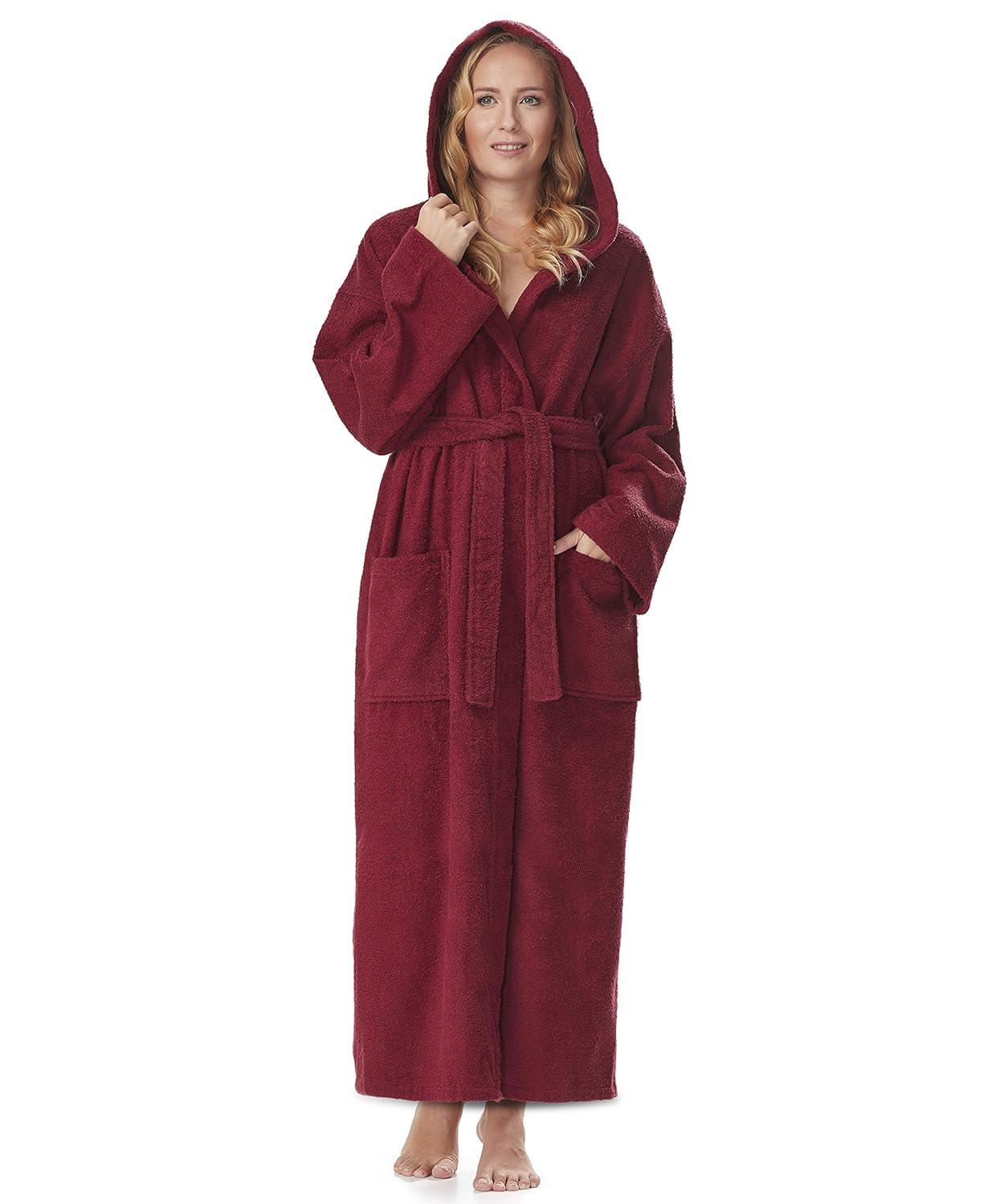 Women's Small Burgundy Cotton Hooded Full Length Bathrobe