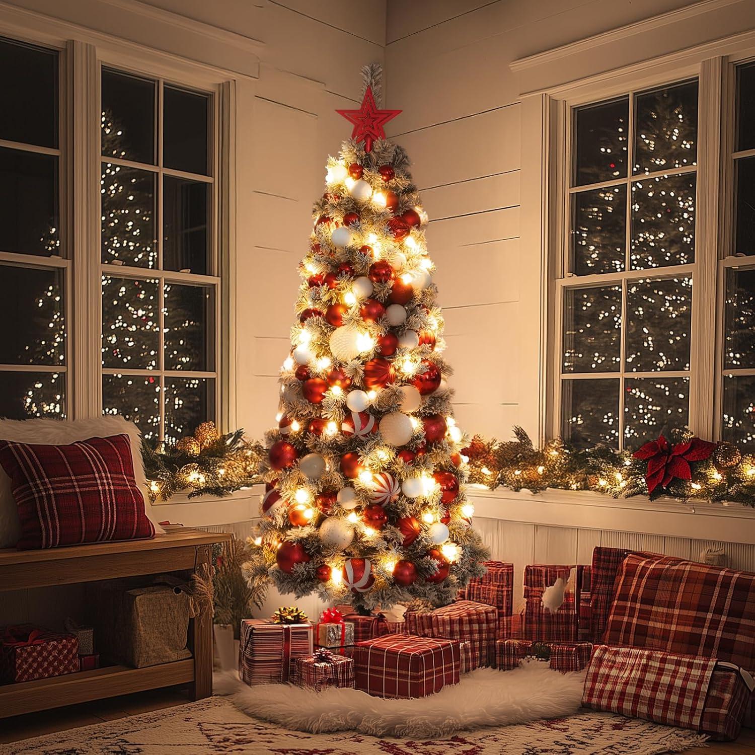 OasisCraft Un-lit 6.5Ft Snow Flocked Artificial Pencil Christmas Tree, Hinged Snowy Slim Xmas Tree Outdoor for Festive Holiday Decoration Metal Stand