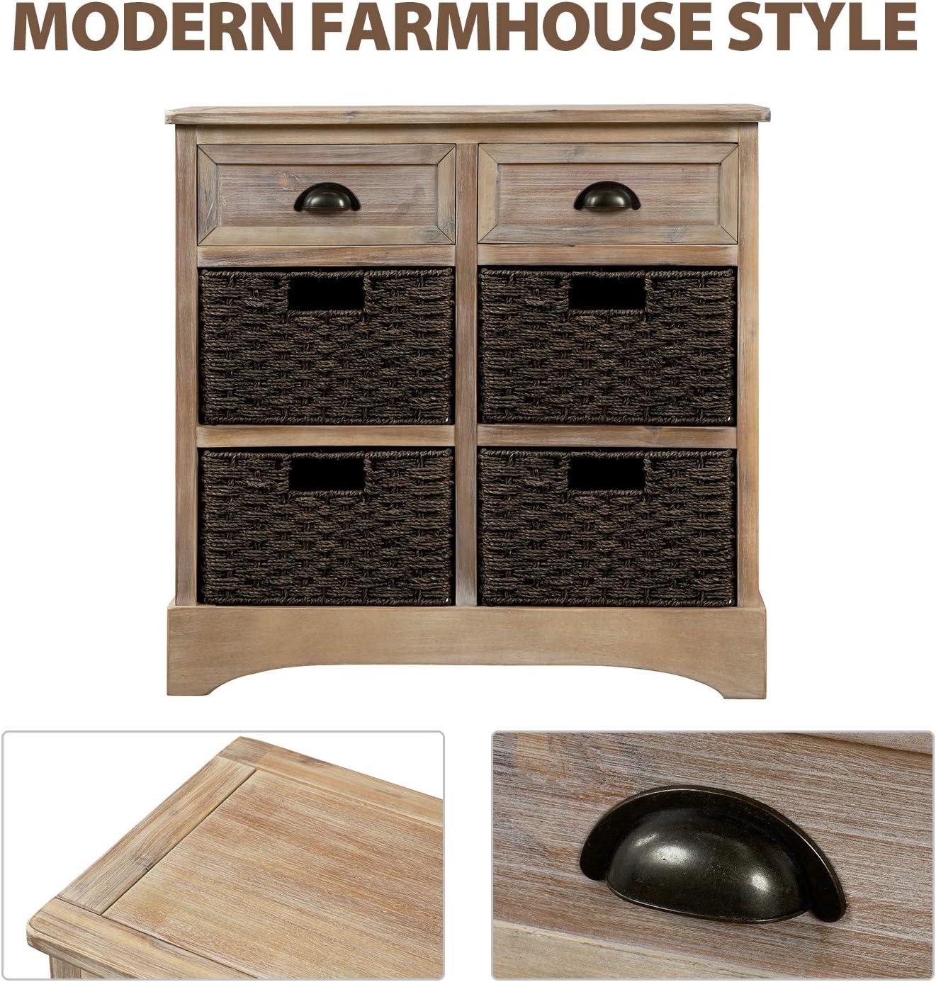 White Washed Rustic Storage Cabinet with 2-Drawers and 4-Classic Fabric Basket