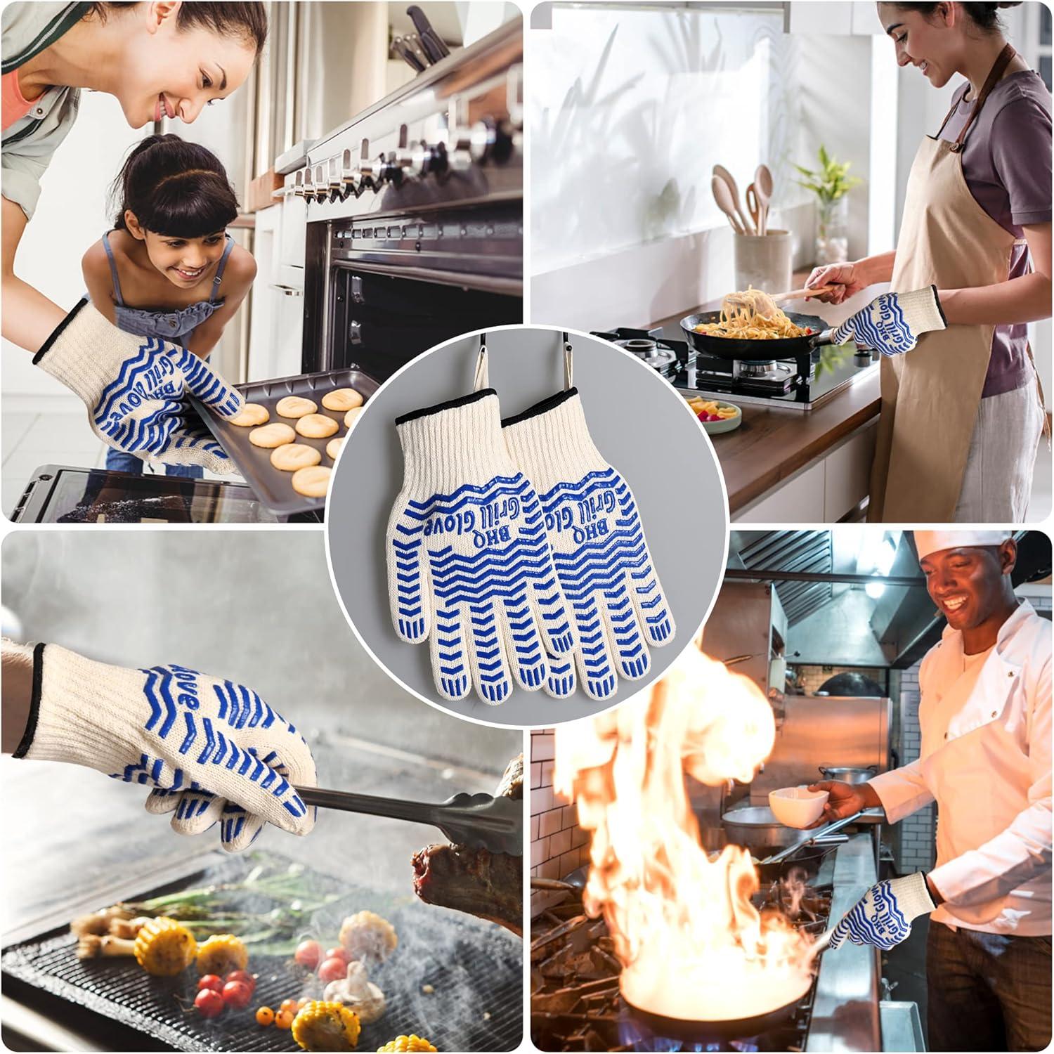 Oven Gloves, Heat Resistant BBQ Oven Glove-BBQ Gloves,Oven Glove Oven Mitts Heat Resistant for Kitchen Potholder,Grill,Grilling,Smoker,Barbeque-1 Pair(Blue)