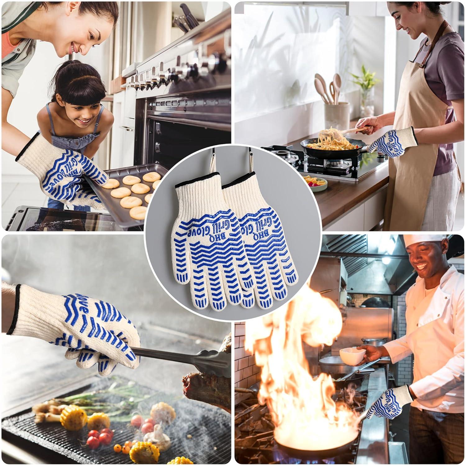Oven Gloves, Heat Resistant BBQ Oven Glove-BBQ Gloves,Oven Glove Oven Mitts Heat Resistant for Kitchen Potholder,Grill,Grilling,Smoker,Barbeque-1 Pair(Blue)