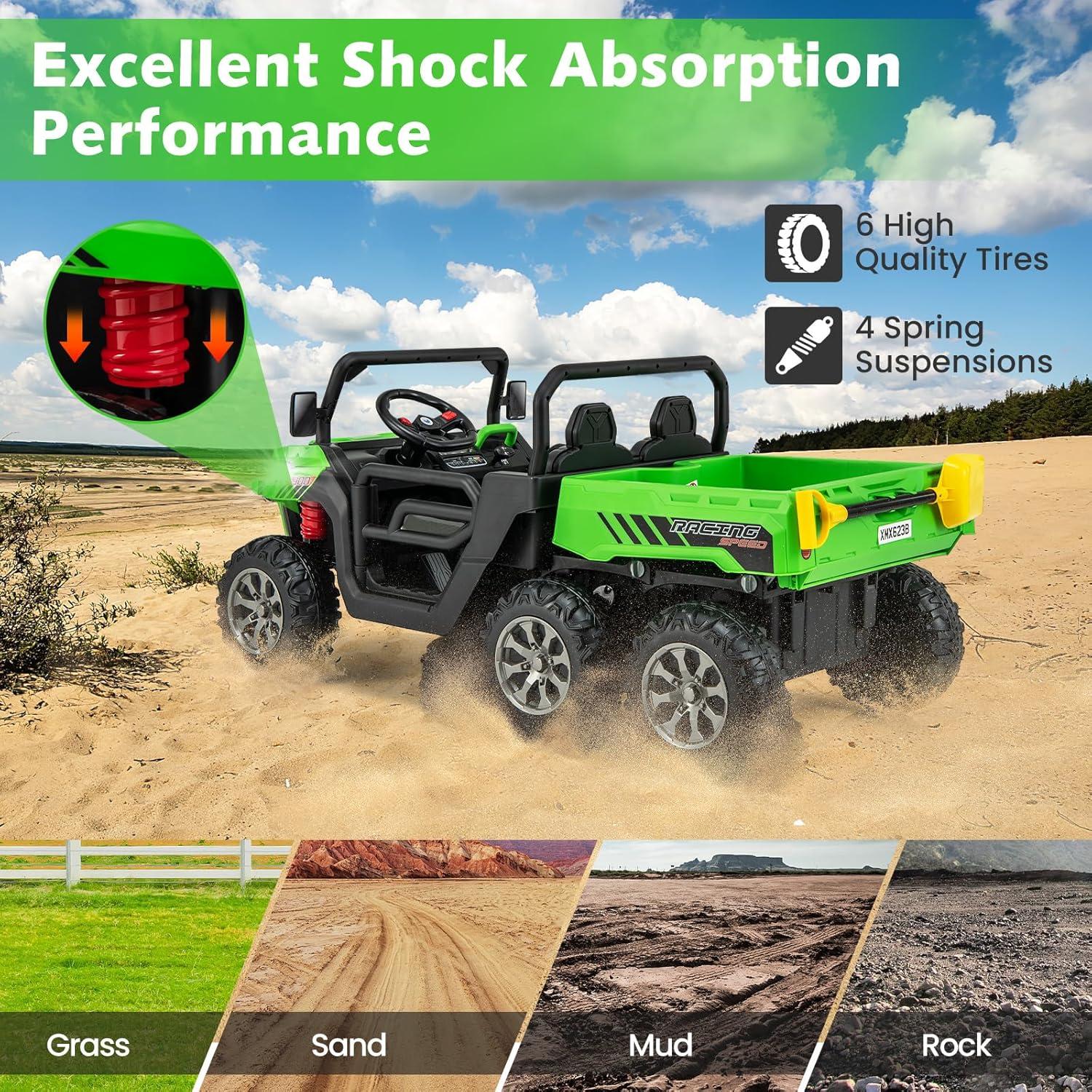 24V Ride on Toys with Remote Control, 2 Seater Electric Powered Ride on Dump Truck , 4WD 6-Wheel UTV Car w/ Tipping Bucket Trailer, Shovel, Suspension, Bluetooth Music, Big Kids, Green