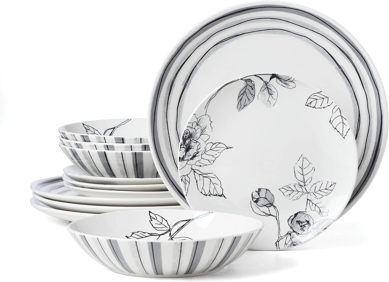 Oneida 12pc Sketchbook Dinnerware Set Gray/White: Porcelain, Floral Pattern, Service for 4, Includes Plates & Bowls