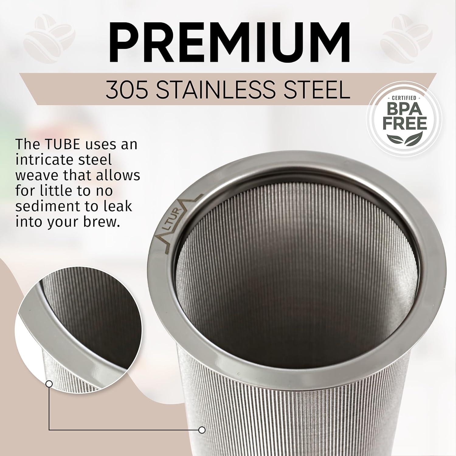 Altura The TUBE+ Cold Brew Coffee Maker and Tea Infuser for Wide Mouth Mason Jars - Stainless Steel Cold Brew Filter Strainer for Iced Coffee, Fruit Water & More - (64oz/2qt)