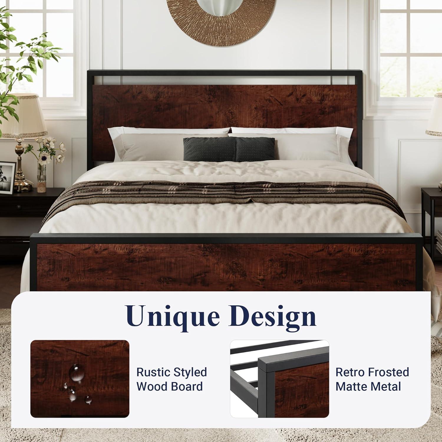 Queen Black Oak Metal Frame Bed with Wood Headboard and Storage