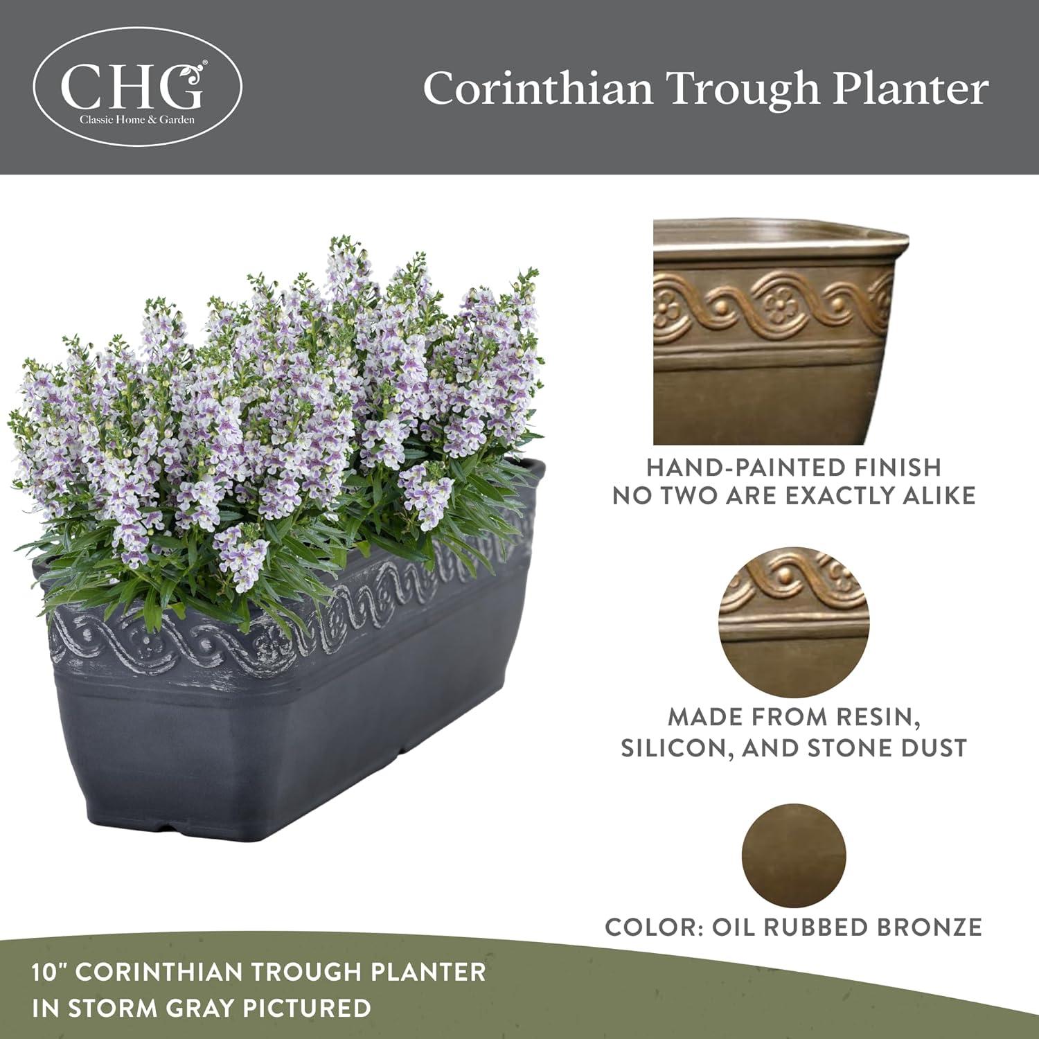 Classic Home and Garden Indoor/Outdoor Rectangle Trough Corinthian Flower Pot Planter, Concrete Grey Color, 18"