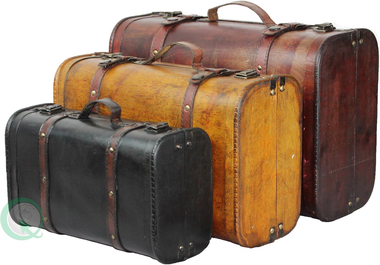 Vintage Style 3-Piece Brown and Black Wood Suitcase Set