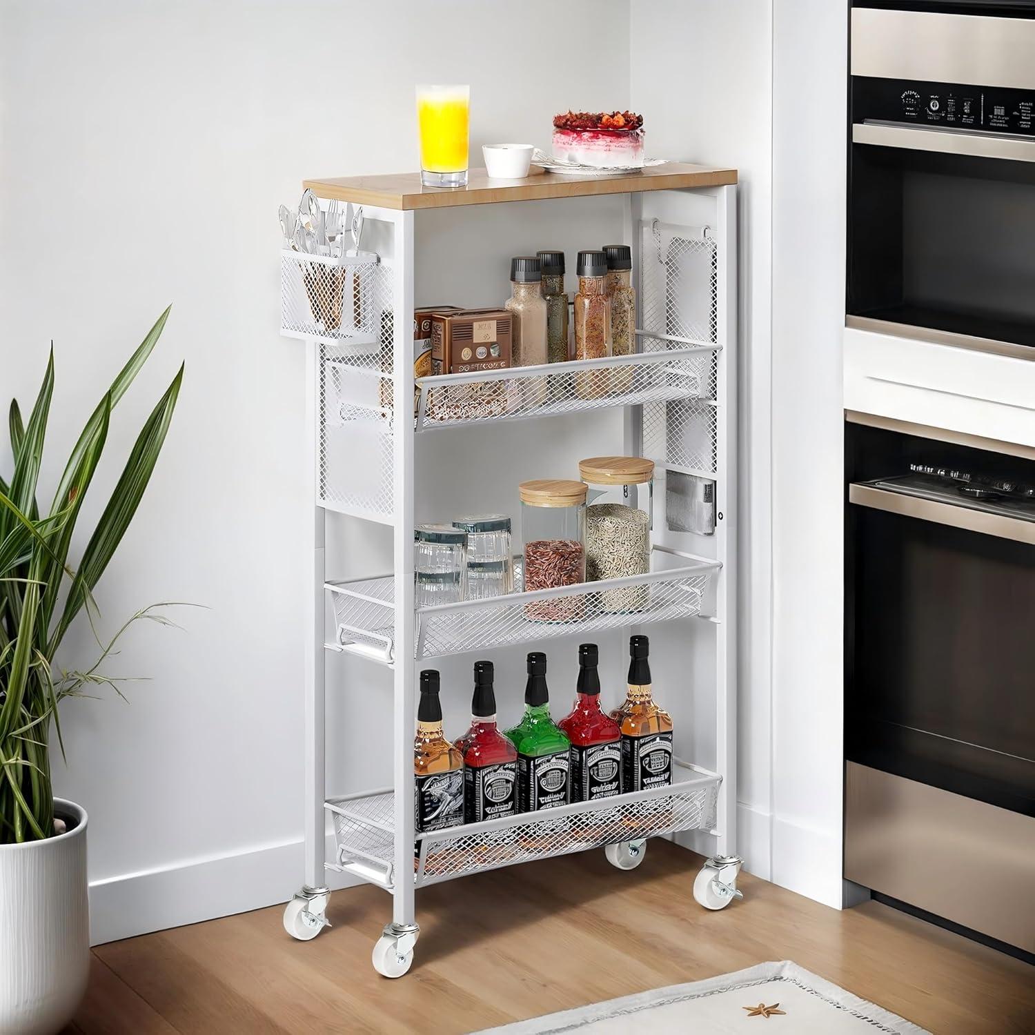 DWVO 4-Tier Slim Rolling Cart on Wheels, 34" Wooden Tabletop Kitchen Storage Organizer Cart with Wire Mesh Baskets, Slide-Out Storage Cart for Kitchen, Bathroom Living Room (White)