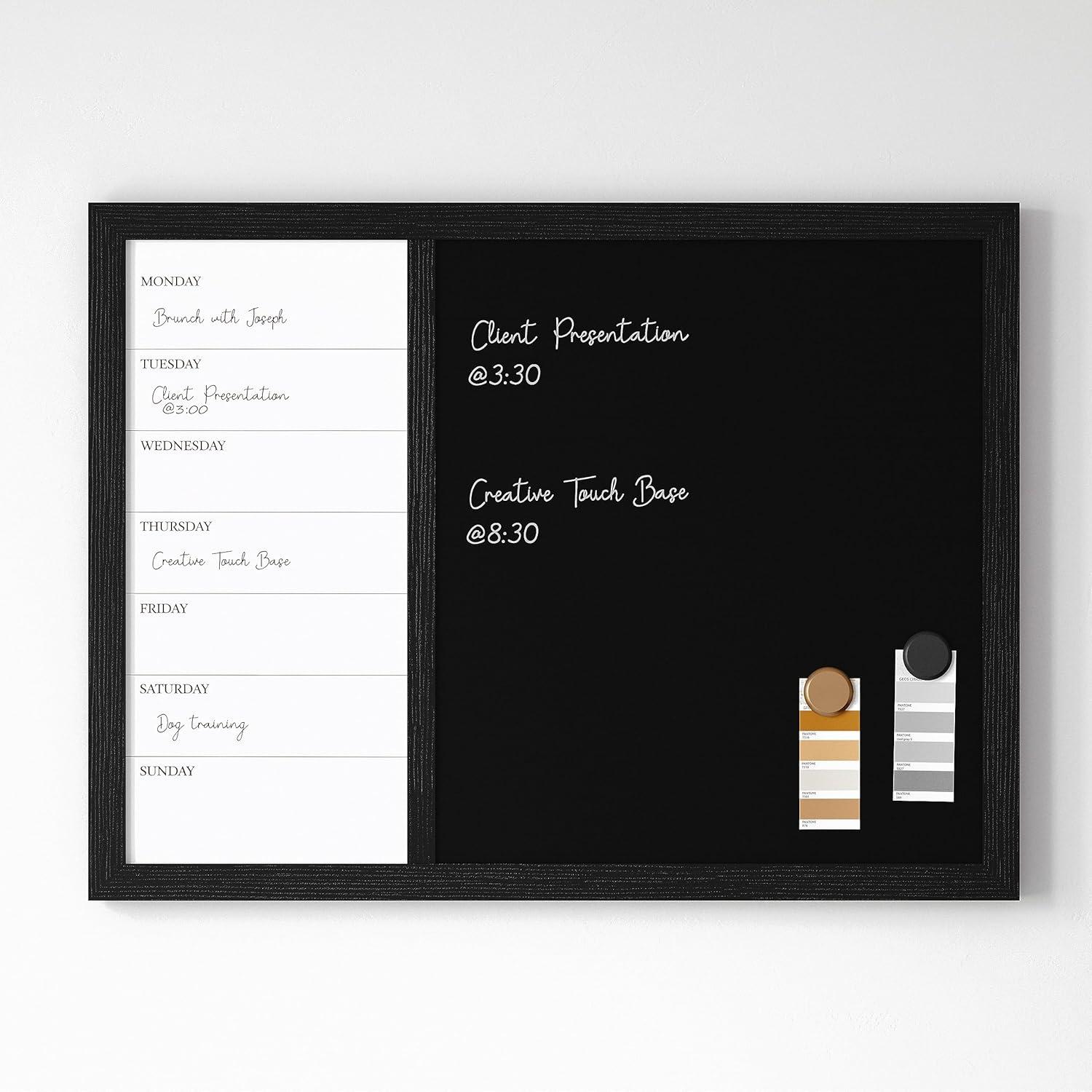 Black Woodgrain Magnetic Weekly Calendar Dry Erase and Chalk Board 24" x 18"