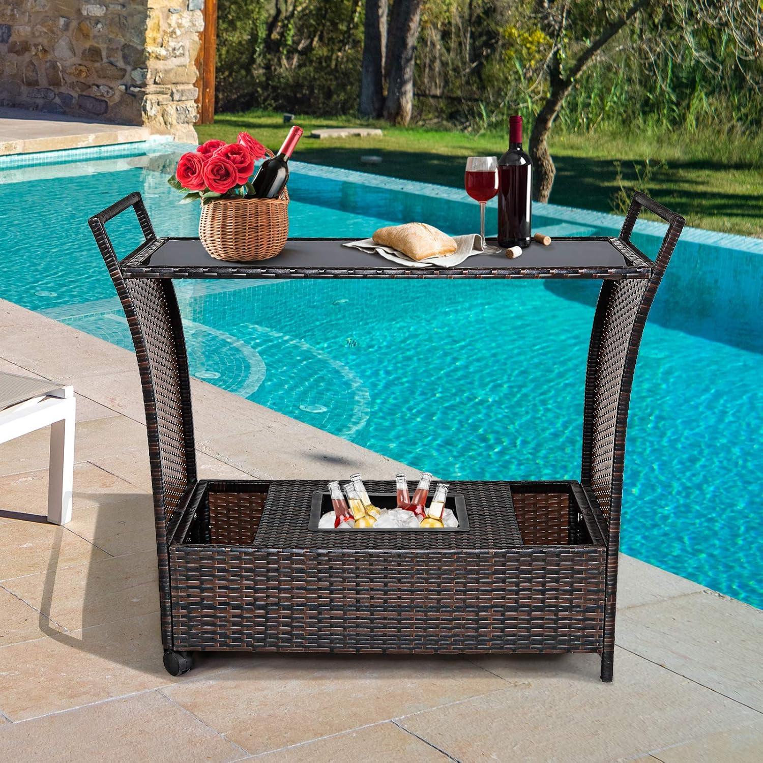 RELAX4LIFE Outdoor Wicker Bar Cart with Removable Ice bucket, Patio Serving Counter Table with Glass Top & Wheels, Storage Compartments Rattan Rolling Trolley for Pool, Backyard,Porch Wine Cart, Brown