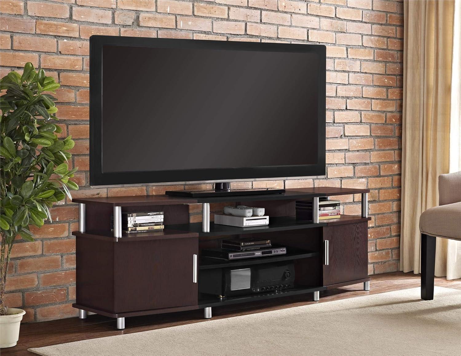 Ameriwood Home Carson TV Stand fits up to 70" with Multiple Open Shelves, Cherry and Black