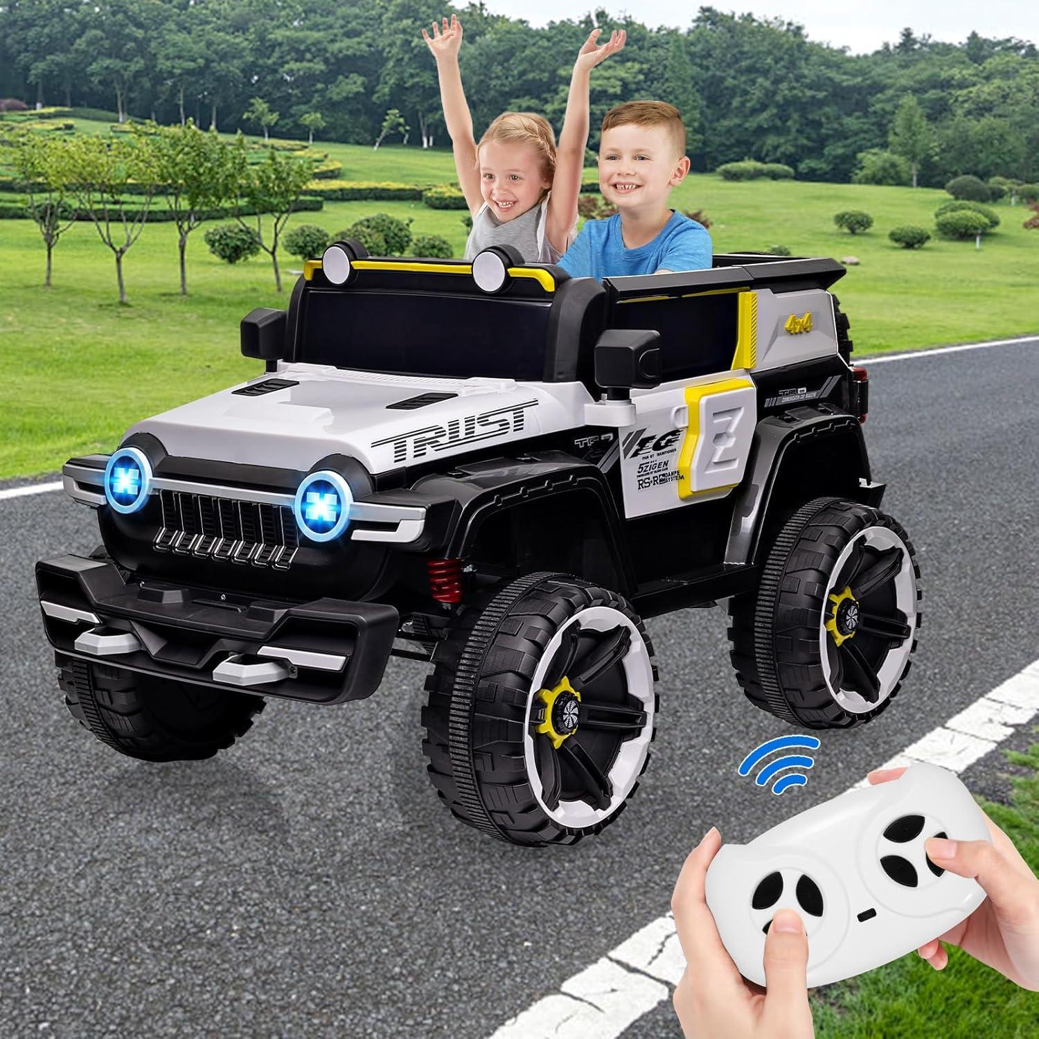 Tuekys 2 Seater Kids Ride On Truck, 12V Battery Powered Electric Vehicle with Spring Suspensions, Remote Control, Decorative Spare Tire, USB, Music, White