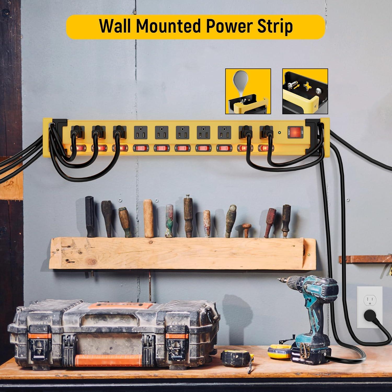 Power Strip 10 Outlet,3300J Surge Protector with Individual Switches,9FT Cord 14AWG/15AMP/1875W,Metal Heavy Duty Power Strip with Cord Manager,for Workshop,Garage,Shop,Home