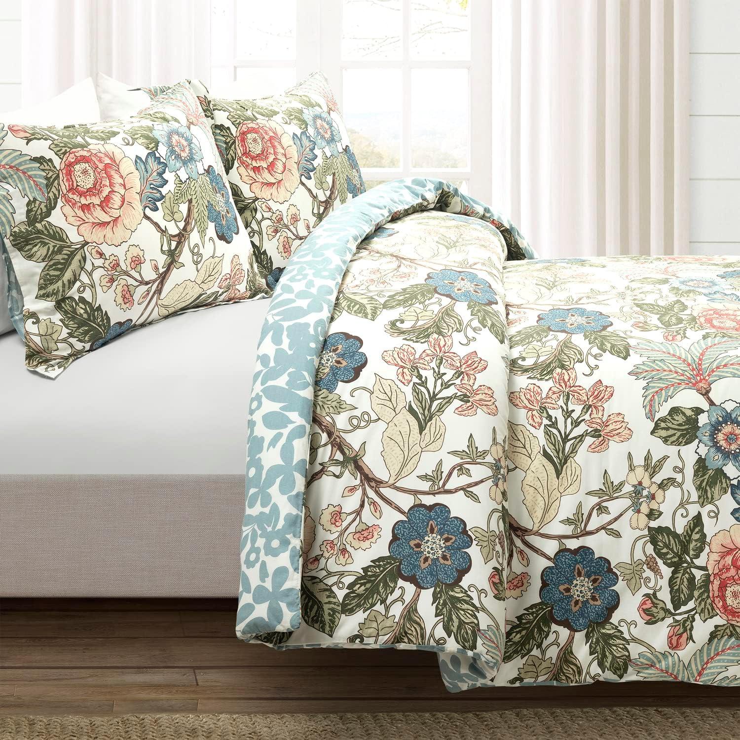 Green and Blue Floral Cotton Reversible Queen Duvet Cover Set