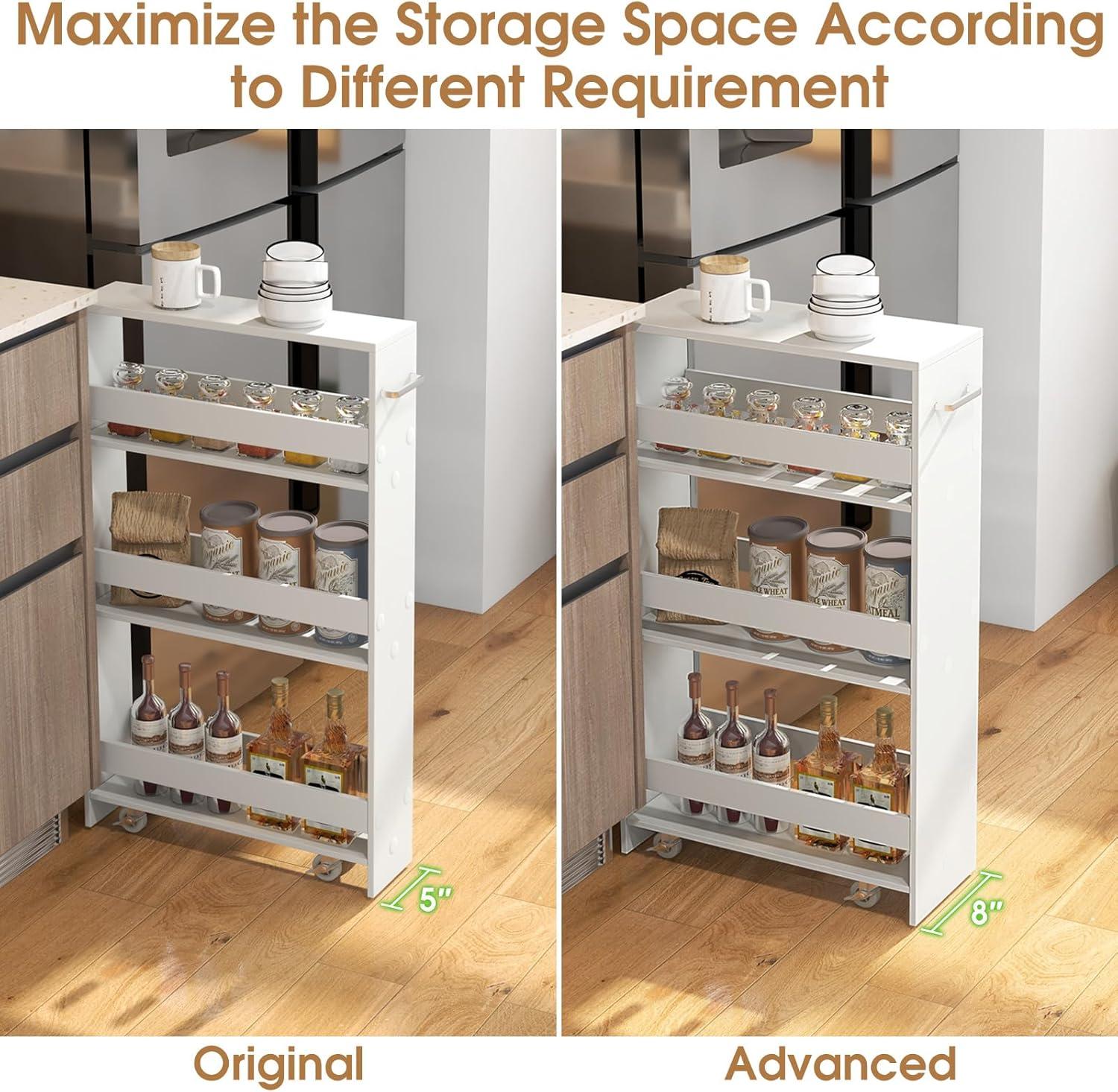 White Slim Rolling Kitchen Cart with Multi-Tier Storage