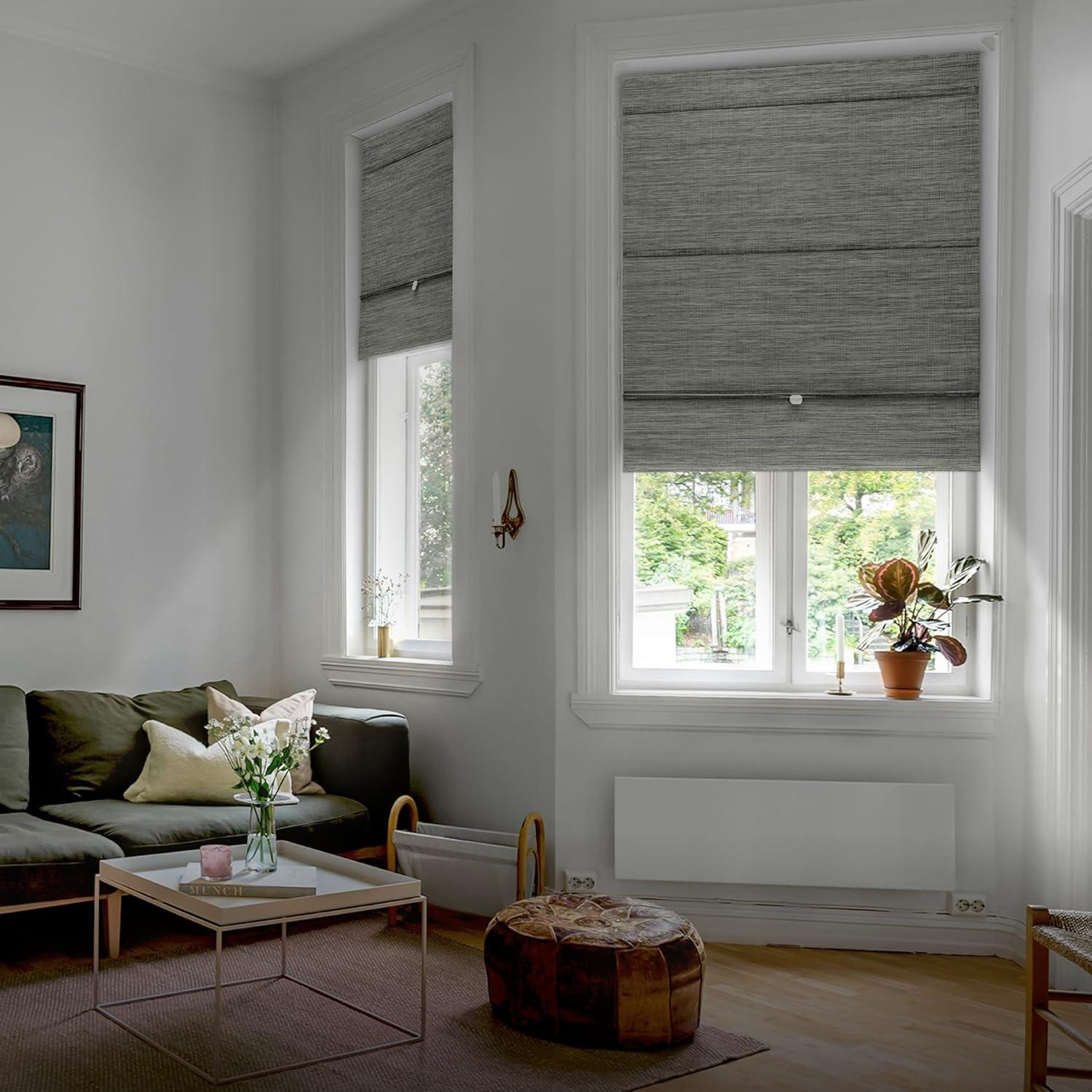 Iron No Drill Cordless 99.99% Blackout Natural Woven Magnetic Roman Shades, 35 in. W x 65 in. L
