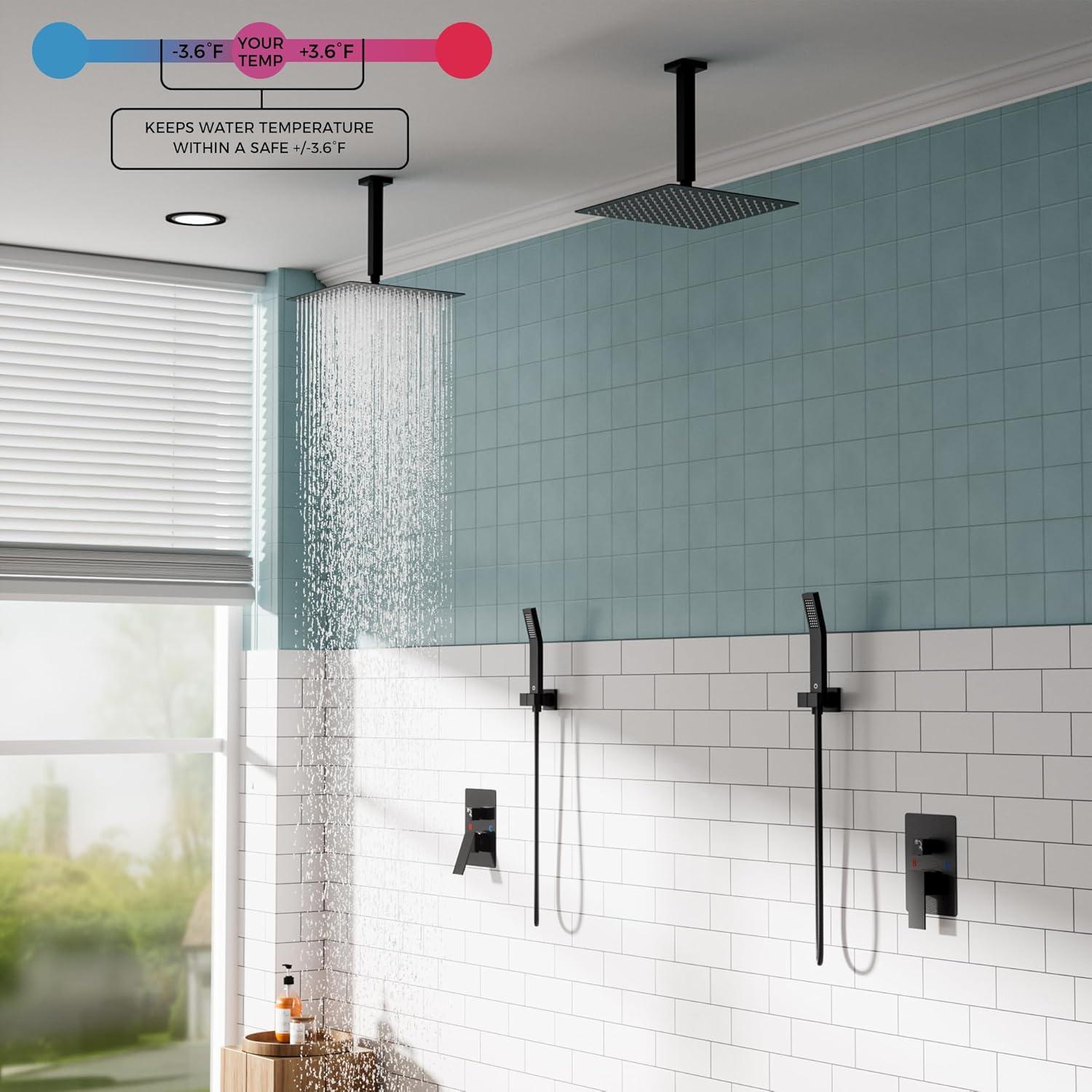 FORIOUS Shower Head System, 10 Inch Rain Shower Faucet Set with Handheld Spray Combo Rough-in Valve, Solid Brass Pressure Balanced Valve Trim Kit, Ceiling Mount, Matte Black