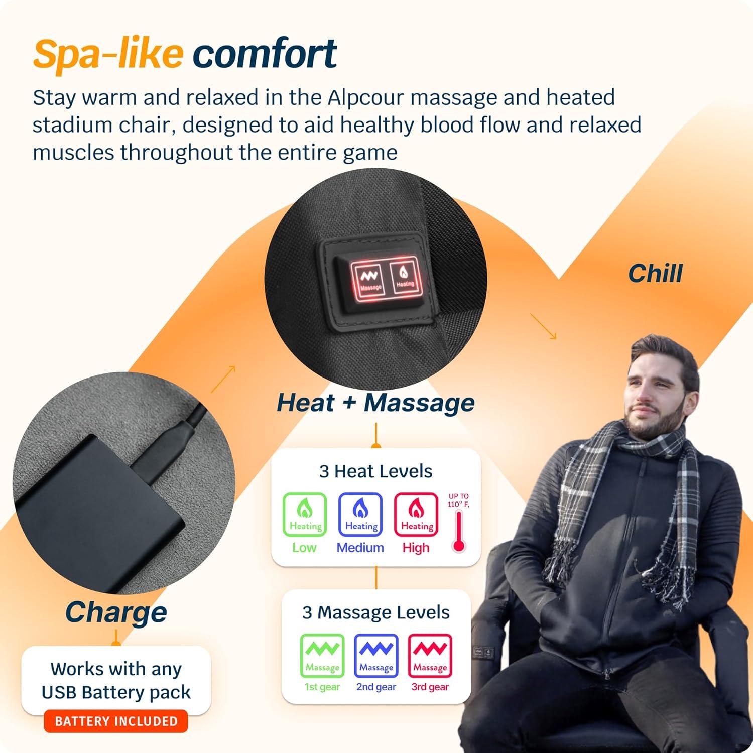 Black Heated Massage Reclining Stadium Seat with Armrests and Pockets