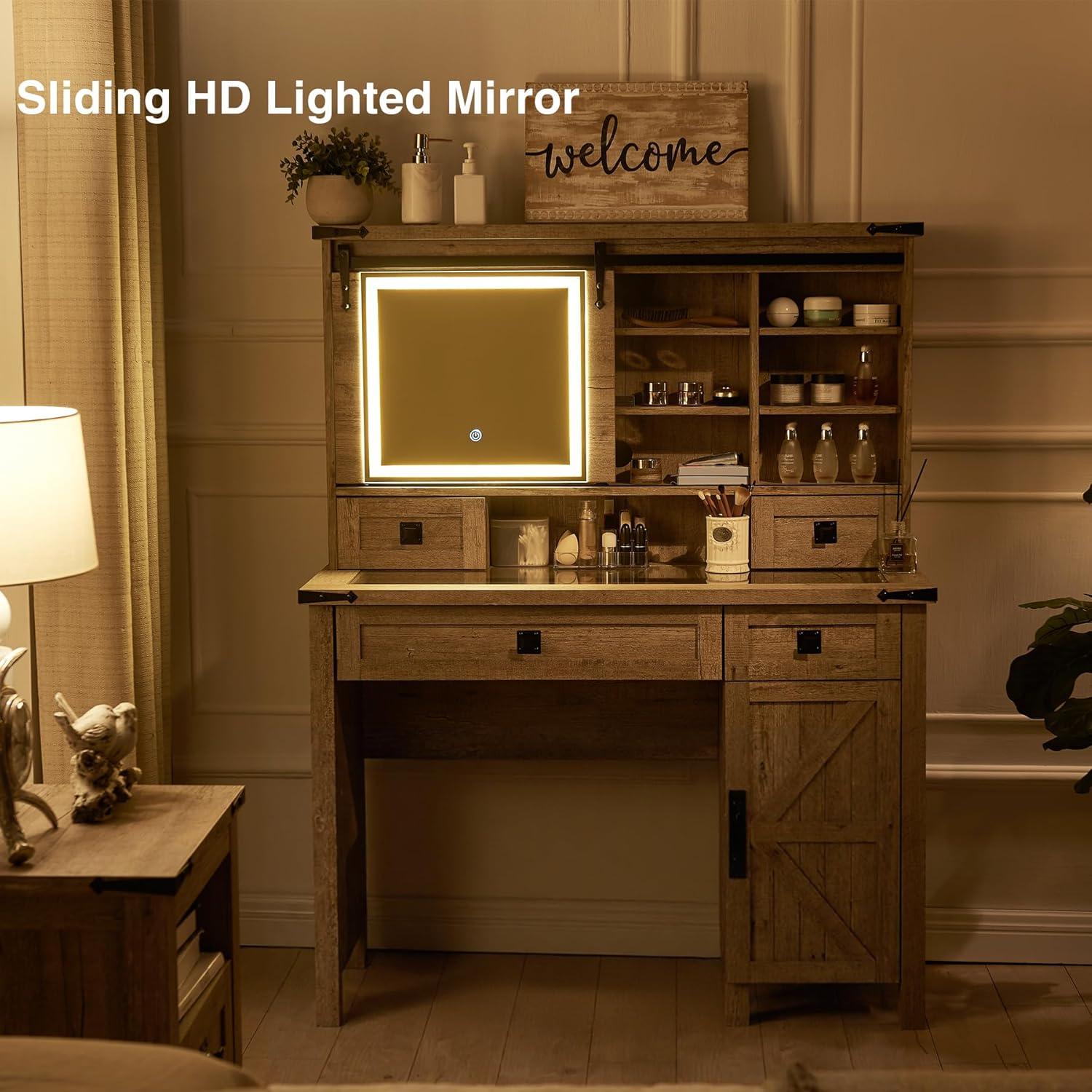 OKD Farmhouse Rustic Makeup Vanity Desk with Sliding Mirror and Lights, Glass Top Vanity Set with Charging Station, 4 Drawers & 1 Cabinet, Includes Stool - Big Vanity for Bedroom, Light Rustic Oak