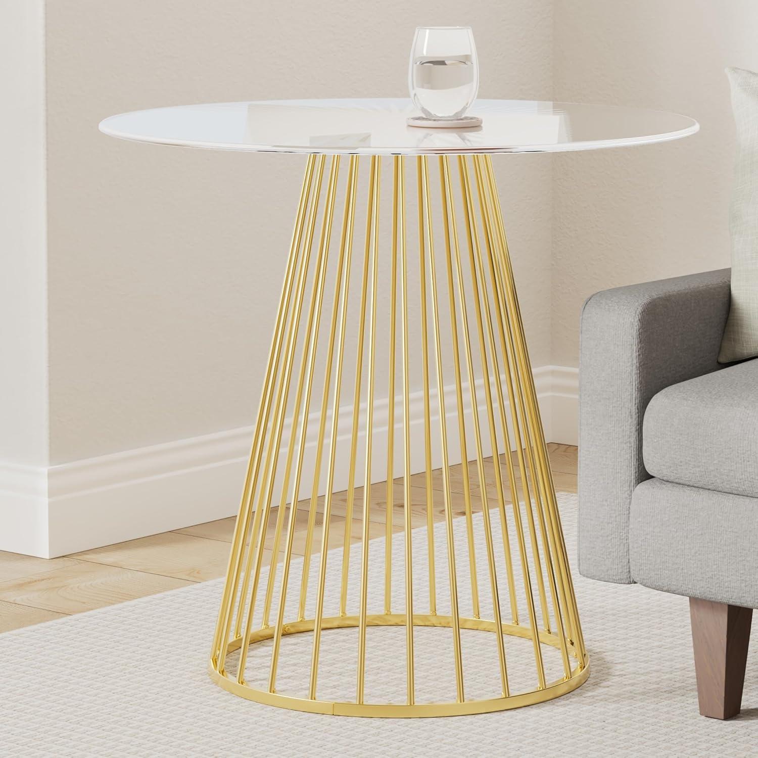 Round Clear Glass Counter Height Table with Gold Metal Base