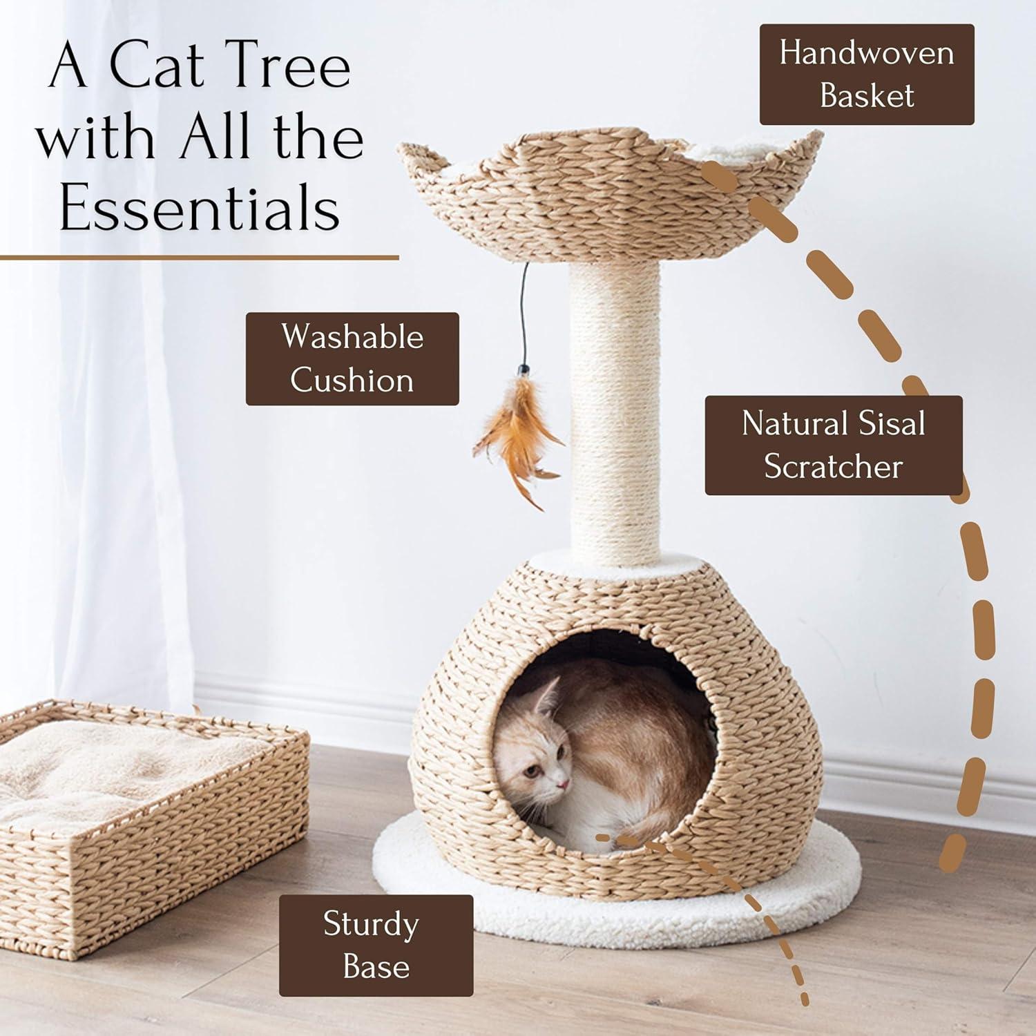 PetPals PetPals Walk Up Cat Tree with Fleece Perch, Handwoven Basket, and Sisal Scratching Post, Eco-Friendly Cat Furniture, Beige