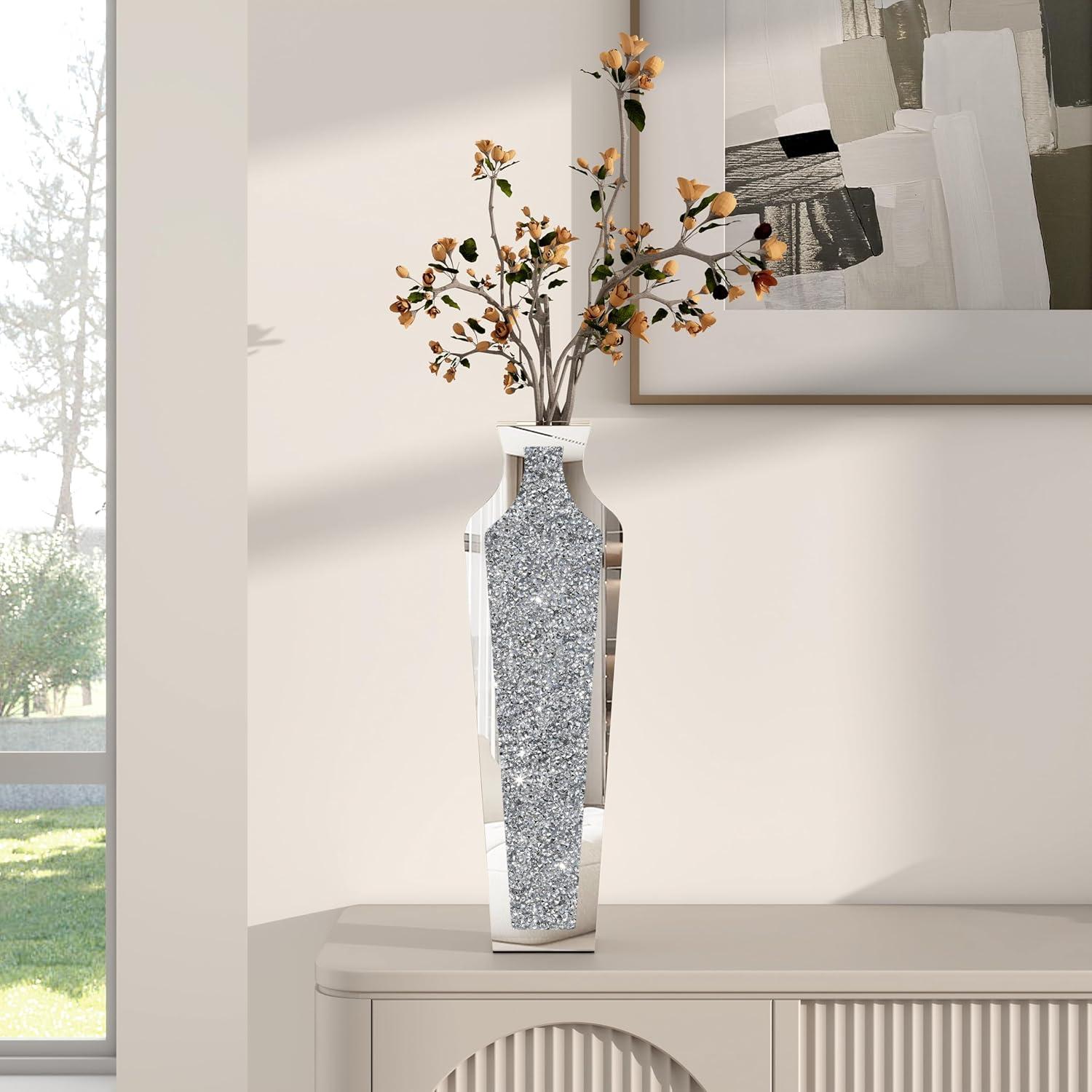 SHYFOY 18" Silver Floor Vase Crushed Diamond Mirrored Vase for Decor Living Room Floor, Crystal Mirrored Luxury Container for Dried Flower Arrangements Decor, Can’t Hold Water