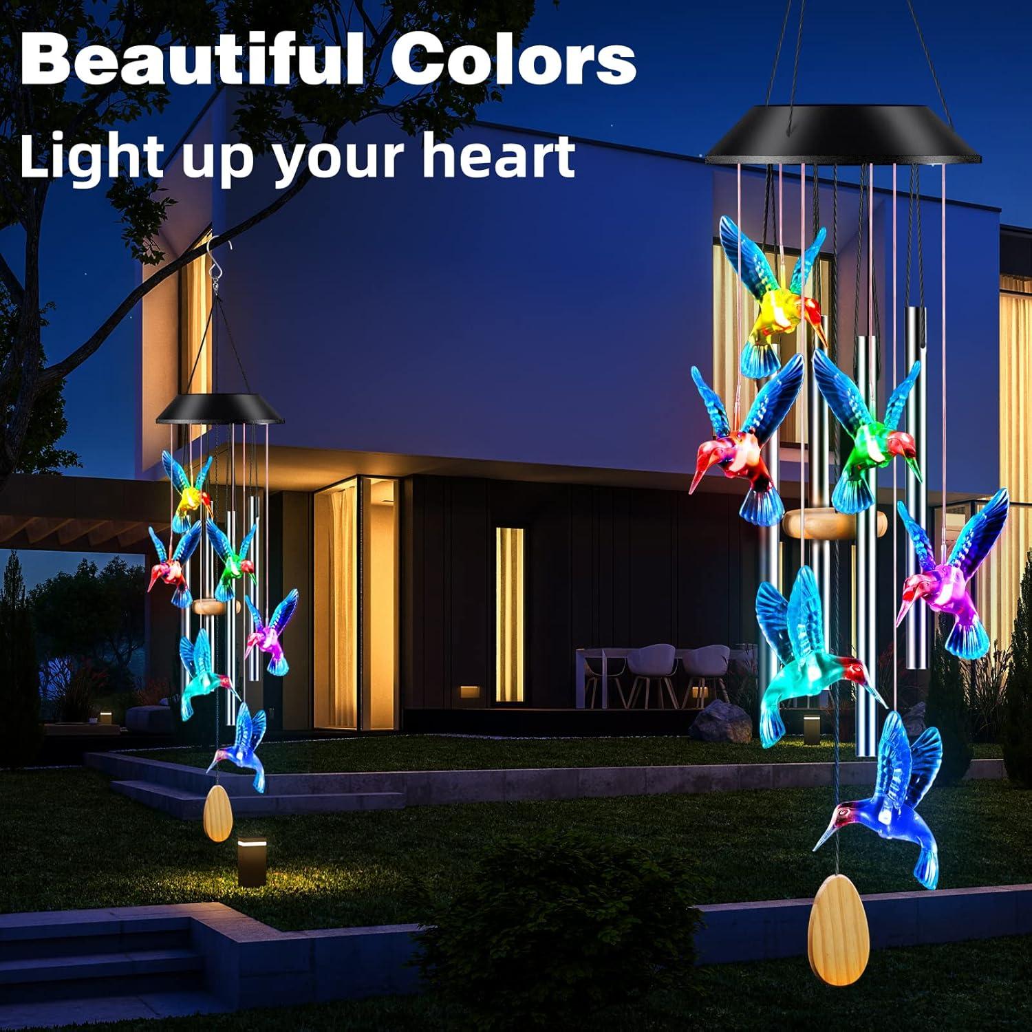 25-Inch Color Changing Hummingbird Solar Wind Chimes with Aluminum Tubes