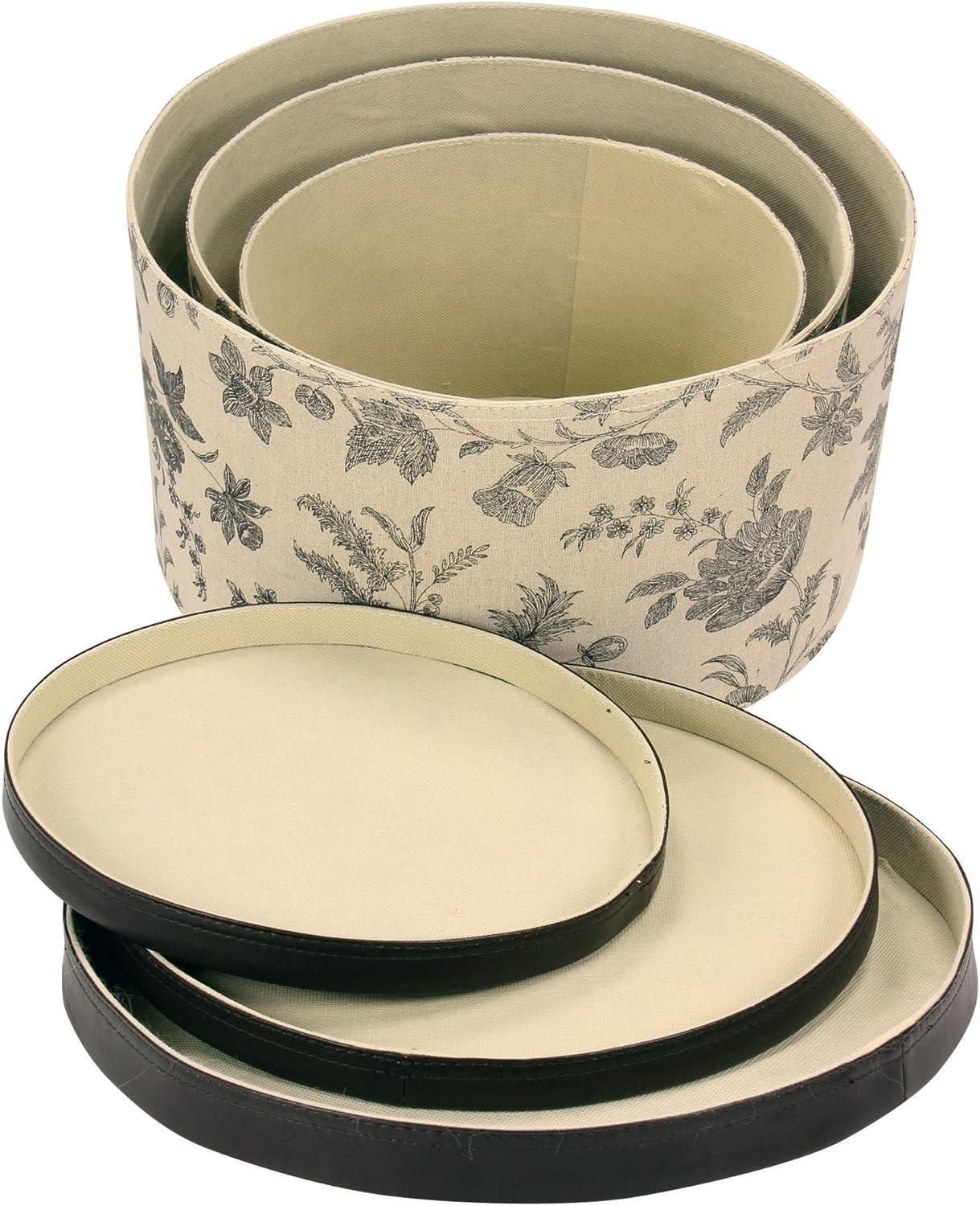 Round Hat Boxes with Lids, Detailed Floral Print with Faux Leather Lids, Large, Medium and Small, Black and Tan