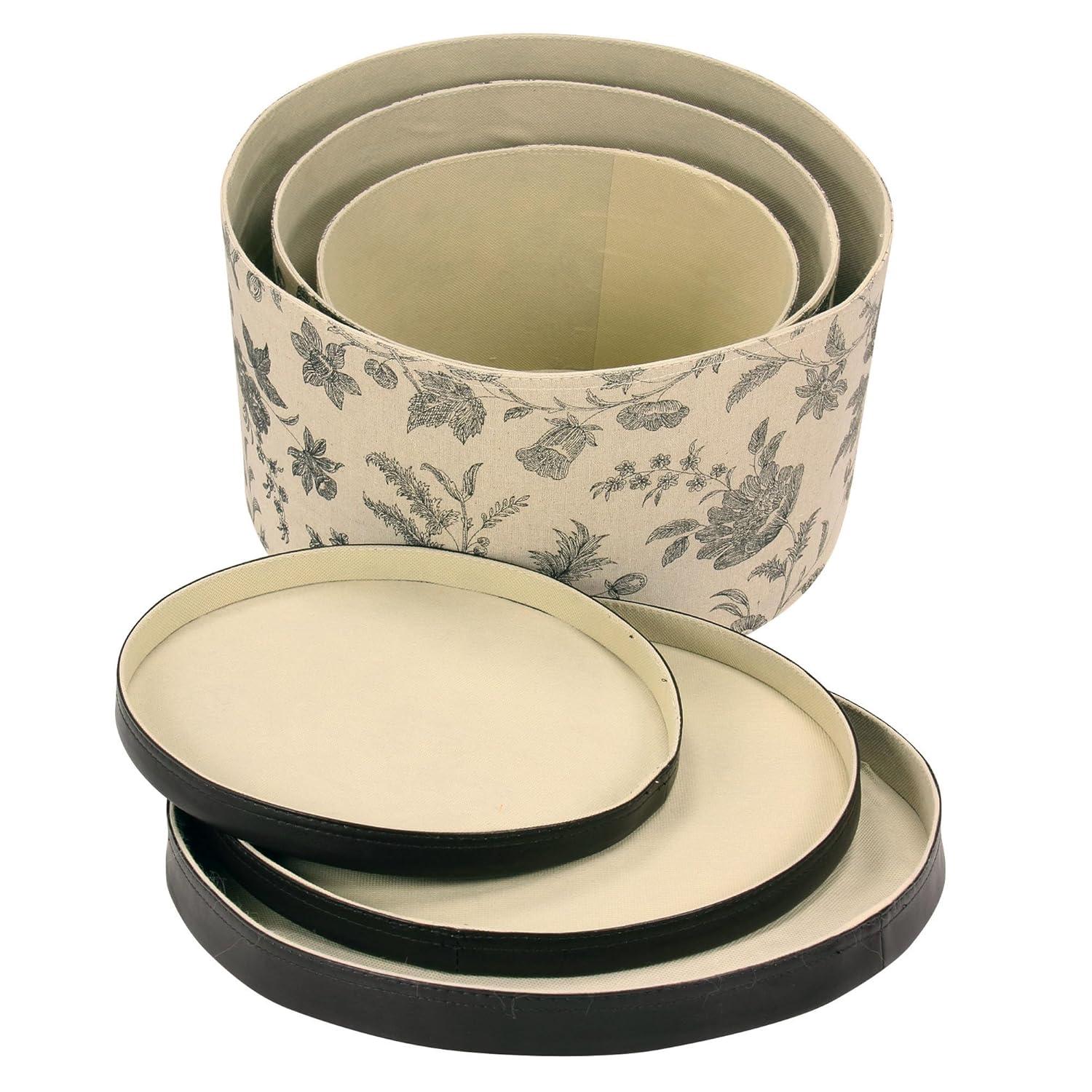 Round Hat Boxes with Lids, Detailed Floral Print with Faux Leather Lids, Large, Medium and Small, Black and Tan