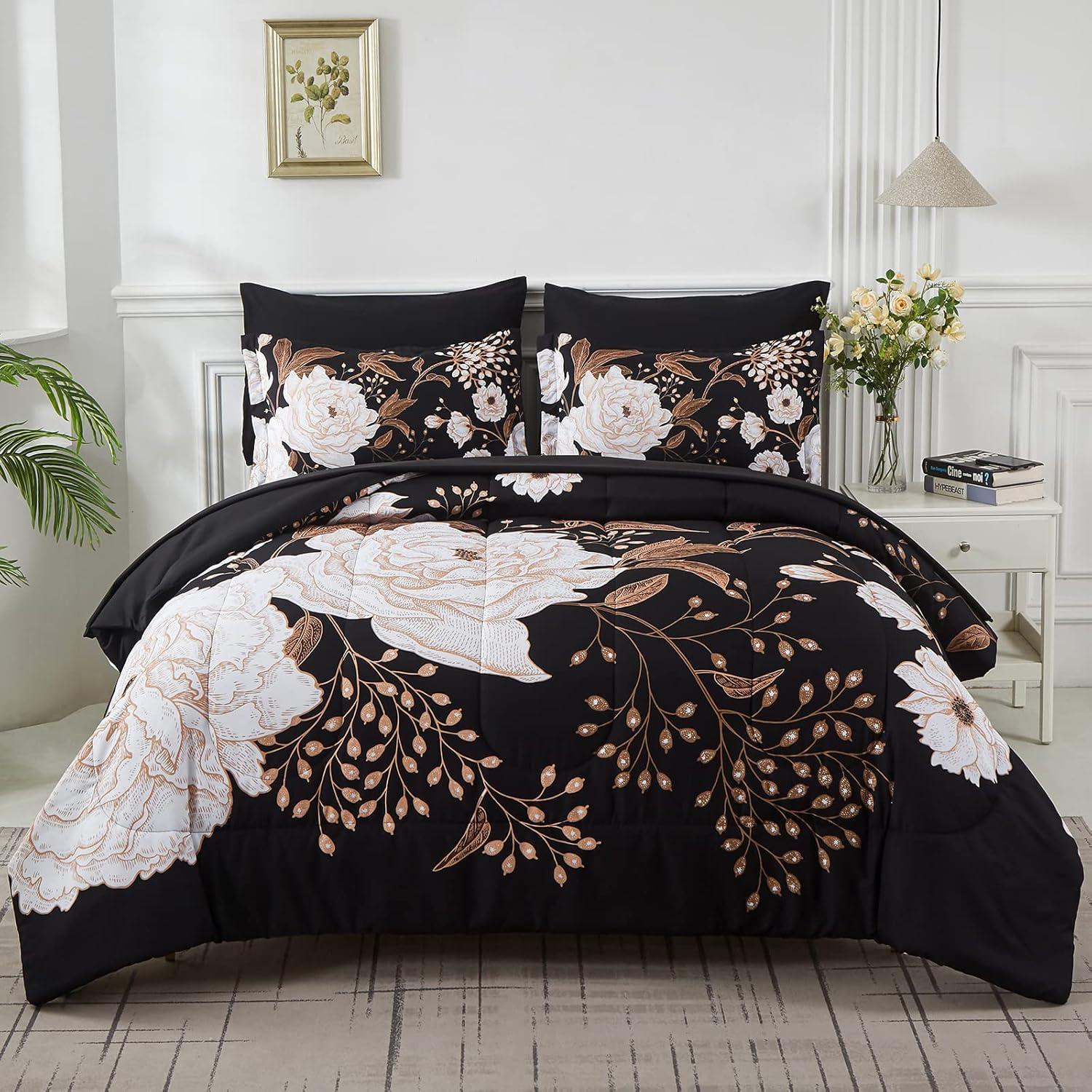 DANTUL 7 Piece Bed In A Bag Queen Comforter Set Botanical Floral Bedding Set,White Flowers Leaves Printed On Black Reversible Design,Soft Microfiber Comforter With Sheet Set,All Season