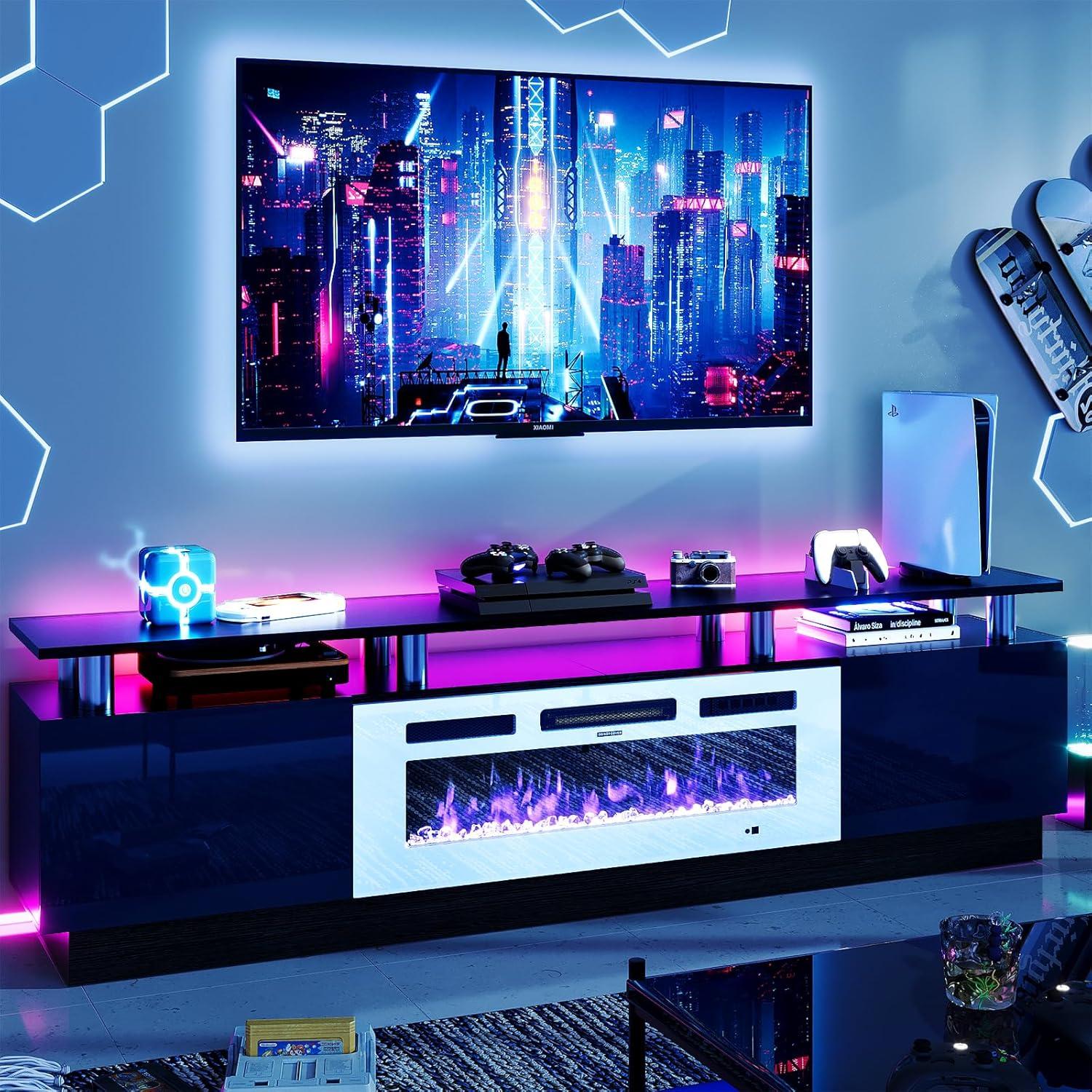 AOXUN Fireplace TV Stand with 36" Electric Fireplace, 80" 2 Tier TV Console Stand for TVs Up to 90", Black