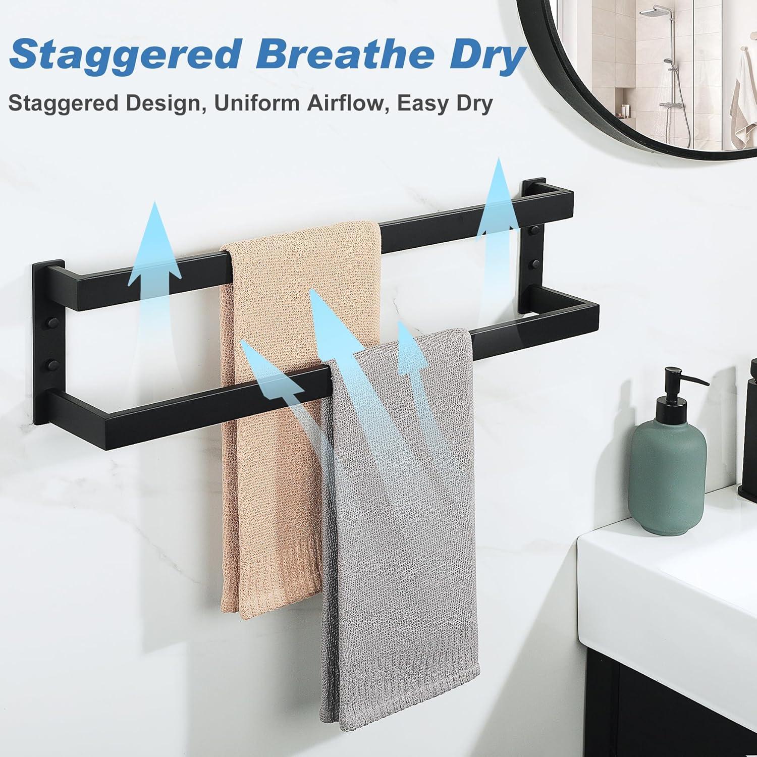 Double Towel Bar 24", SUS304 Stainless Steel Towel Racks For Bathroom Wall Mounted, Heavy Duty Bathroom Towel Holder, Space Saving Towel Hanger