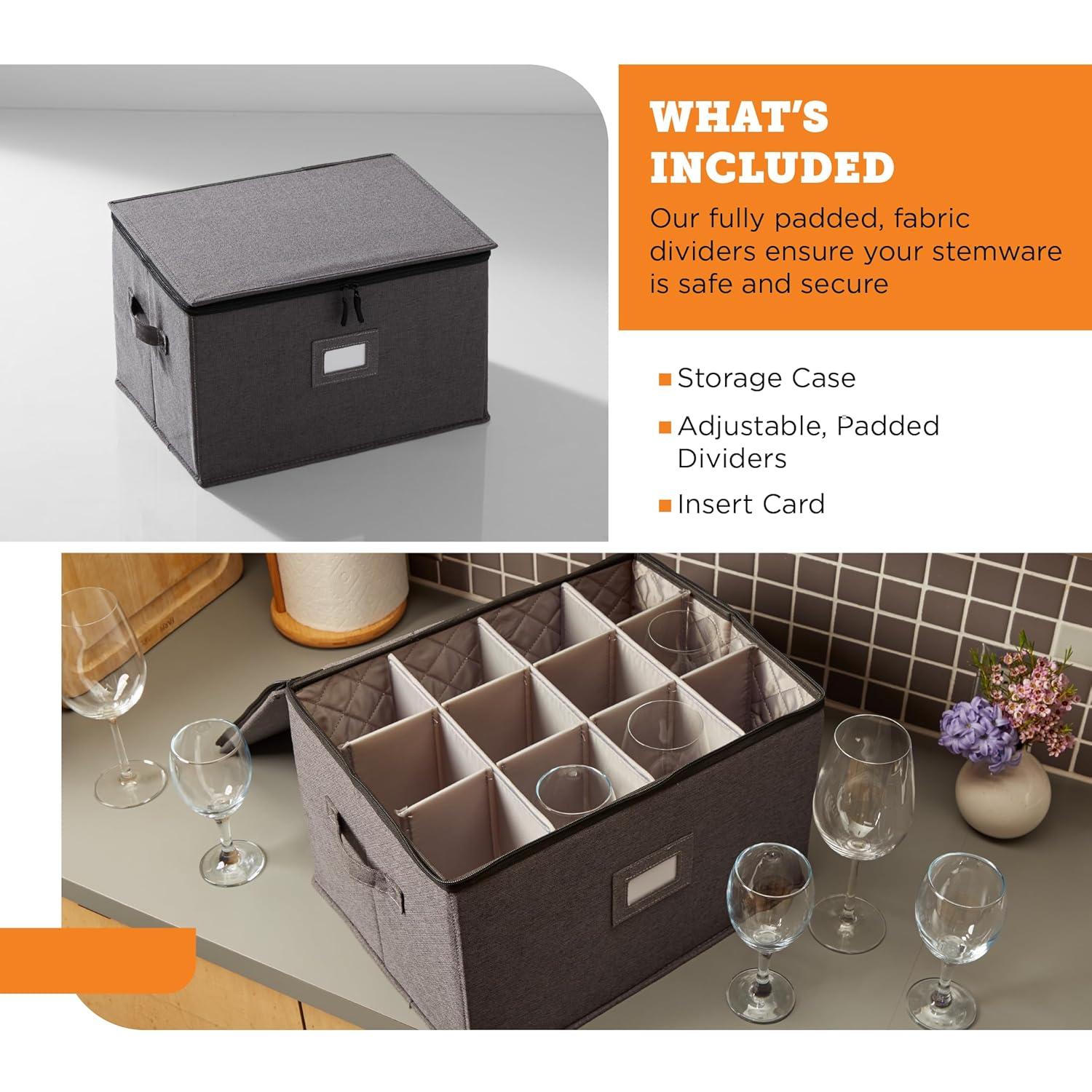 StorageLAB Wine Glass Storage Box - Stackable Hard Shell with Dividers for Stemware, 1-Pack
