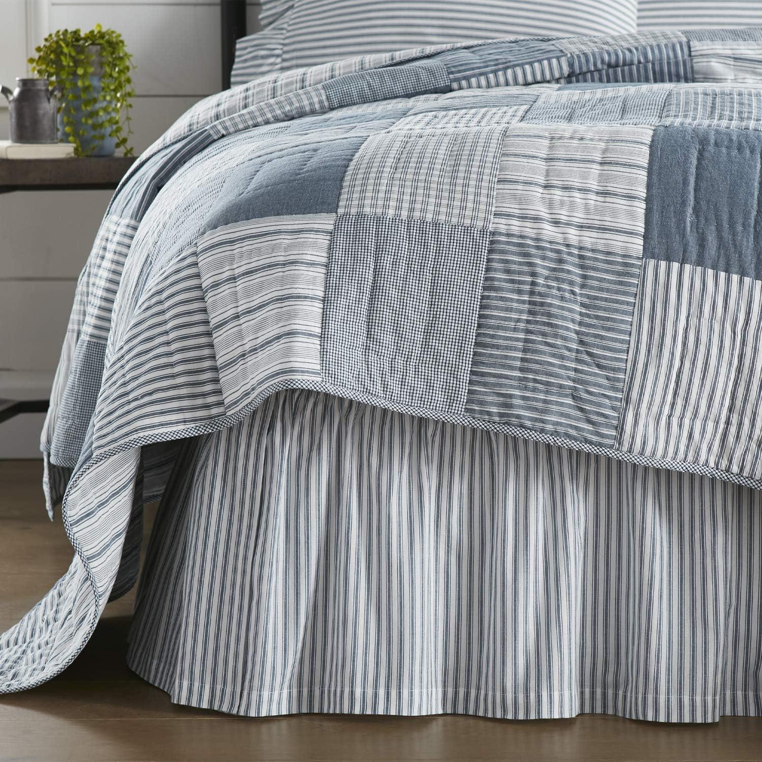 VHC Brands Sawyer Mill Ticking Striped Cotton Farmhouse Split Corners Gathered Queen Bedding Accessory, Skirt 60x80x16, Blue Denim