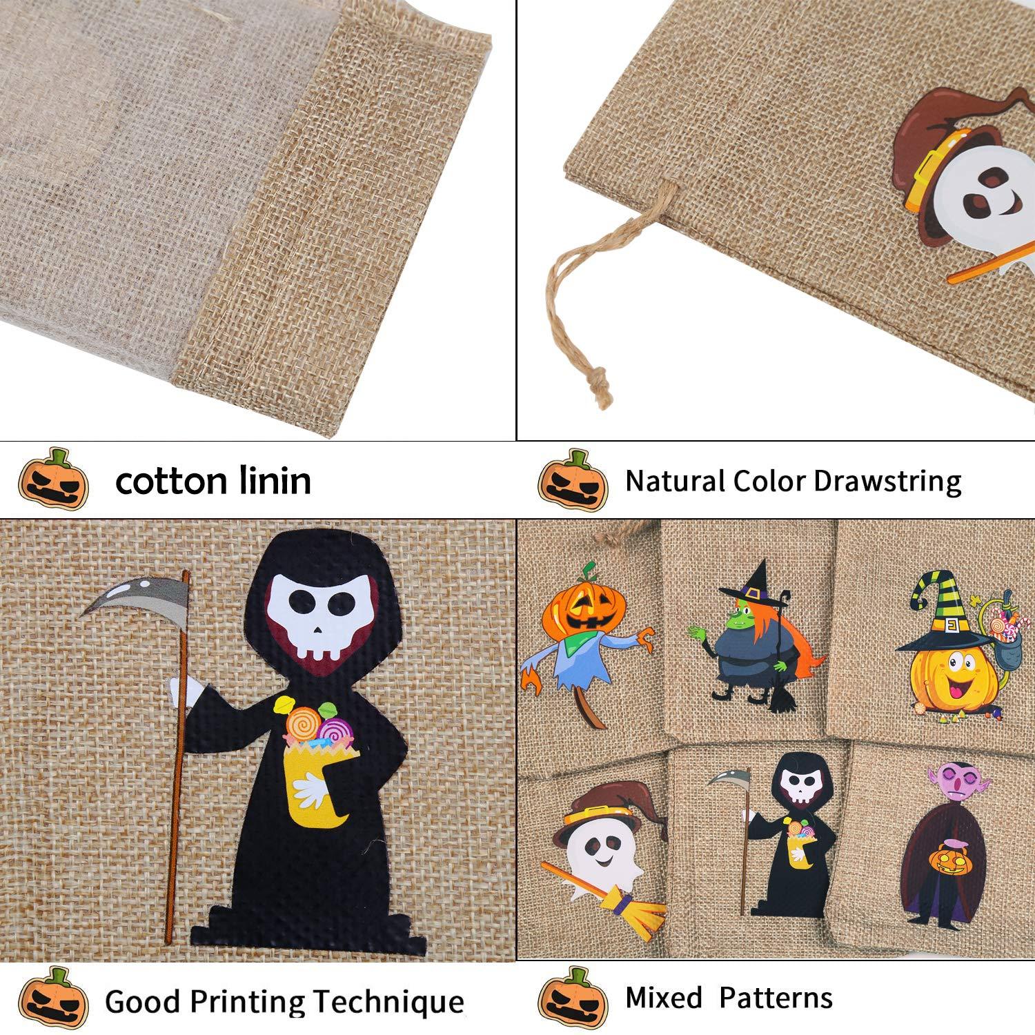COEN 48 Halloween burlap gift bags with drawstrings, perfect for kids' Halloween party favors and treats.