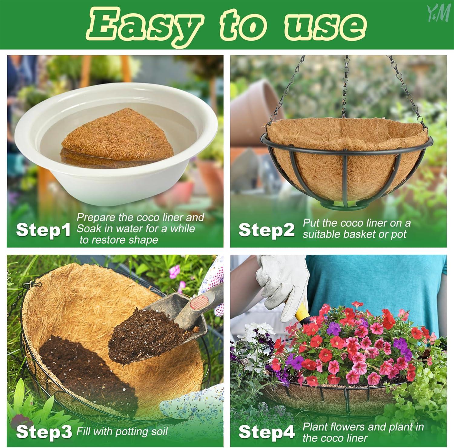 4 PCS Round Flower Pot Coconut Basket,Casewin Hanging Basket Coco Liner Natural Coconut Planter Basket Liner for Hanging Baskets at Indoor Outdoor Garden Porch Balcony (14 Inch)