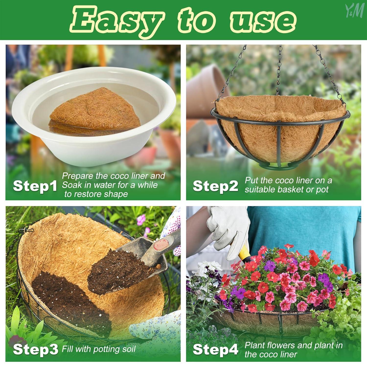 4 PCS Round Flower Pot Coconut Basket,Casewin Hanging Basket Coco Liner Natural Coconut Planter Basket Liner for Hanging Baskets at Indoor Outdoor Garden Porch Balcony (14 Inch)