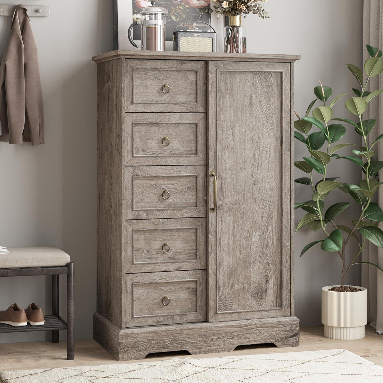 Gracie Oaks 5 Drawers Dresser With Cabinet, 48" Tall Chest, Wooden Closet Dresser With Sliding Barn Door For Living Room, Hallway
