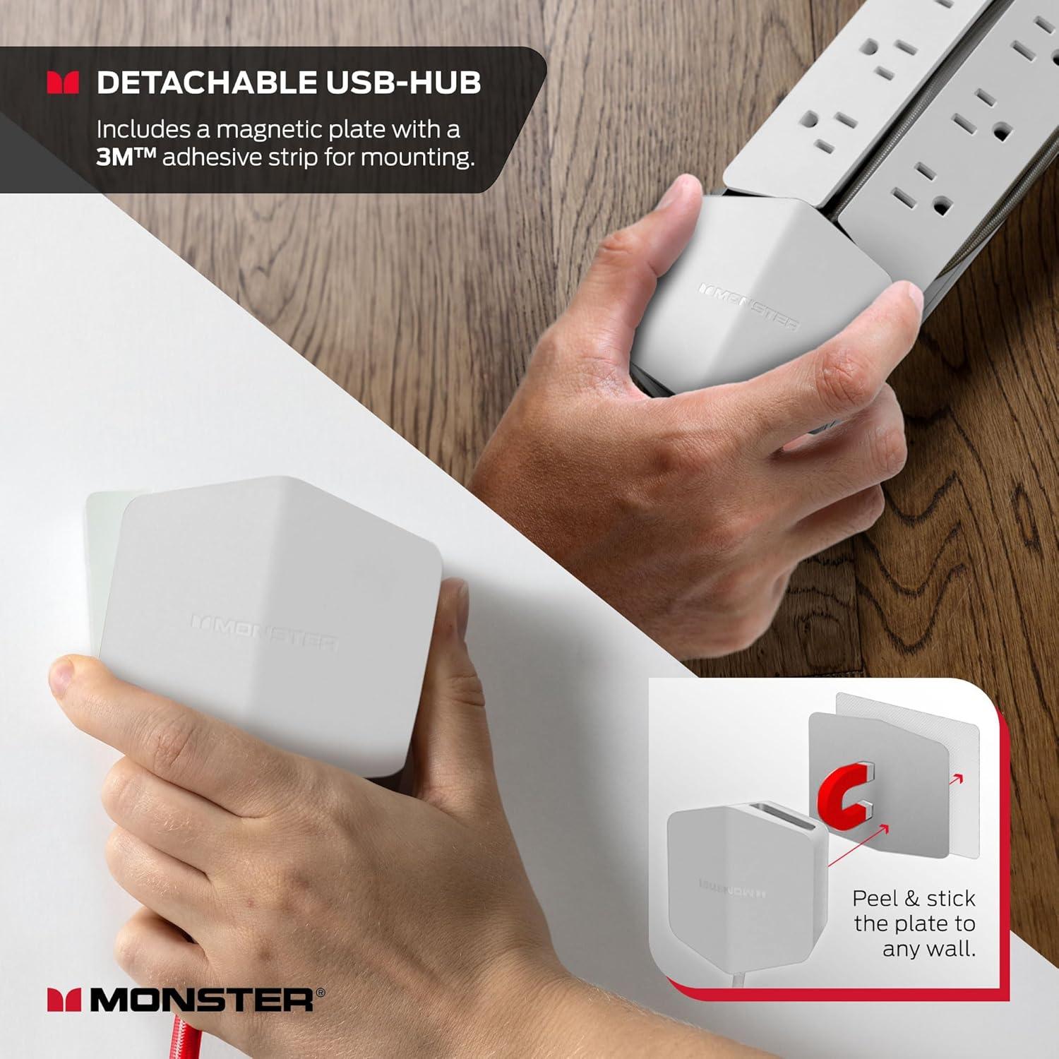 Monster Power Center Vertex XL Surge Protector with 10 AC Outlets, 3-Port USB Hub, & 6 ft Cord (White)