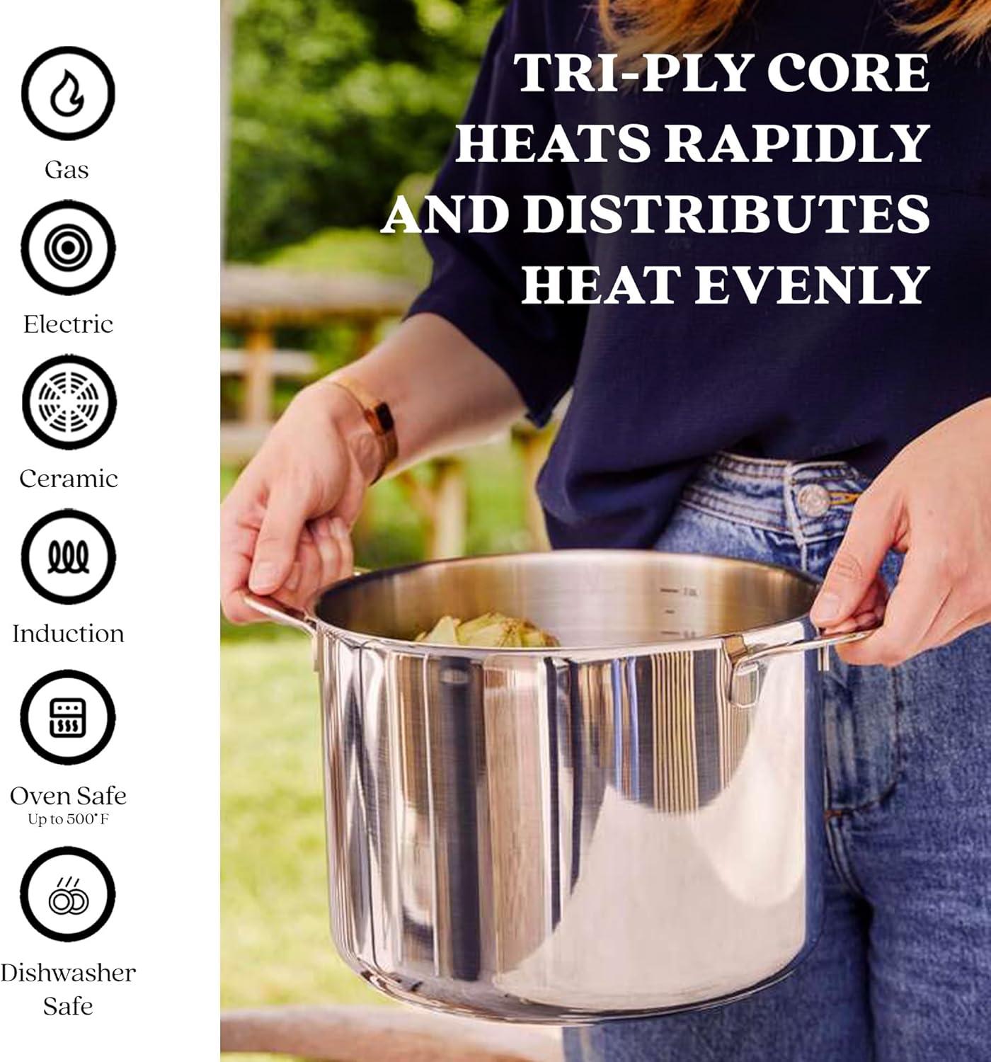 Alva Maestro 8 Qt. Stainless Steel Stock Pot with Lid Scratch Resistant Non-Toxic PFAS Free Compatible with All Stovetops Oven Safe & Induction Safe