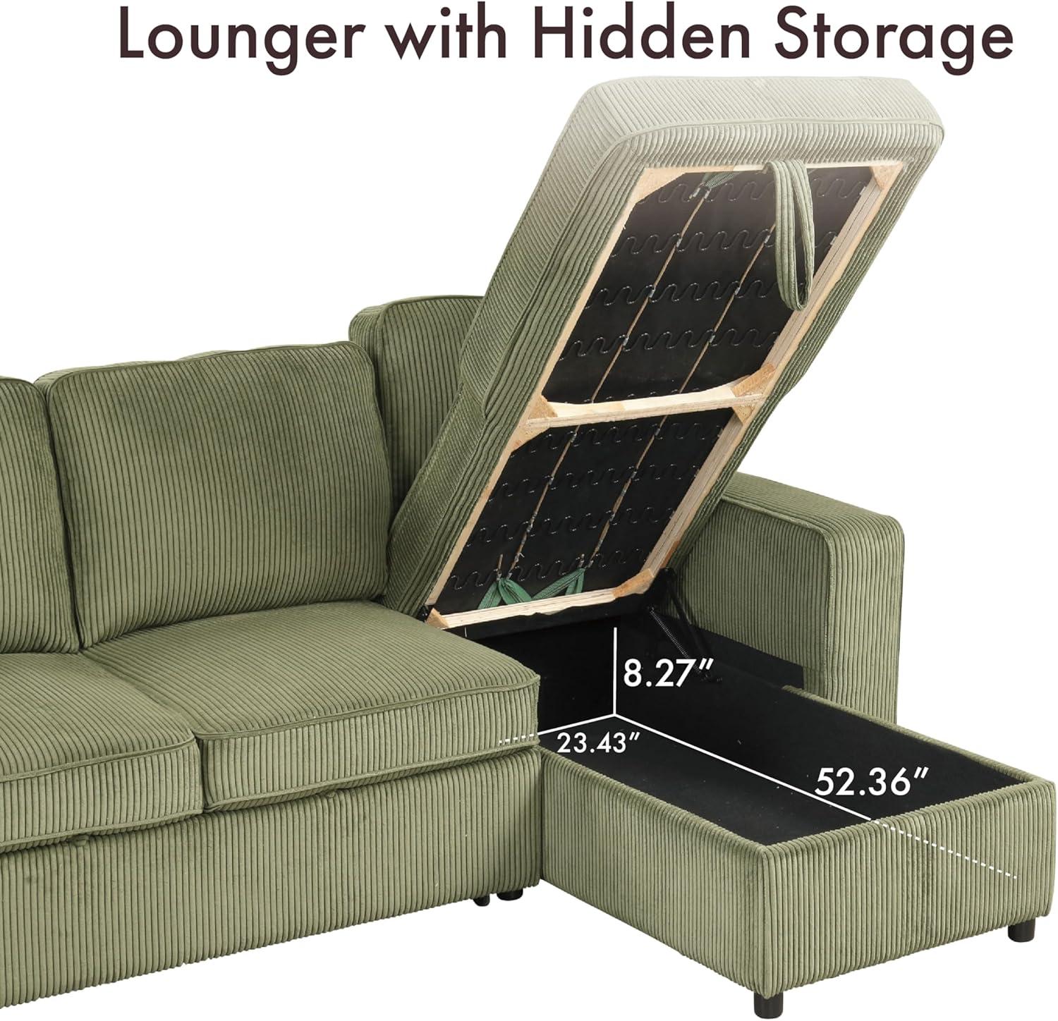 HOMES: Inside + Out Paeke Sleeper Sectional Sofa Corduroy with Storage Chaise and Reversible Green
