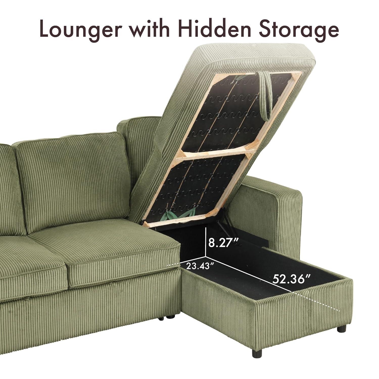 HOMES: Inside + Out Paeke Sleeper Sectional Sofa Corduroy with Storage Chaise and Reversible Green