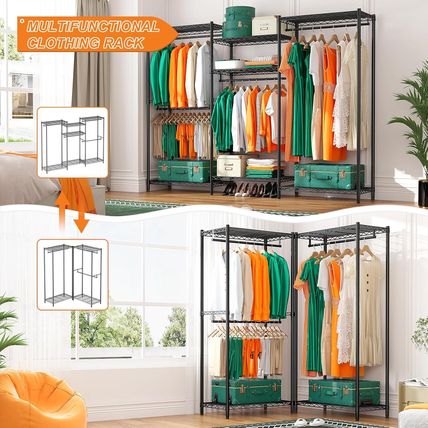 Raybee Clothes Rack Heavy Duty Load 840 LBS Adjustable Clothing Rack for Hanging Clothes,Metal Portable and Sturdy, 76.8" H x 68.8" W x 16.8" D Black